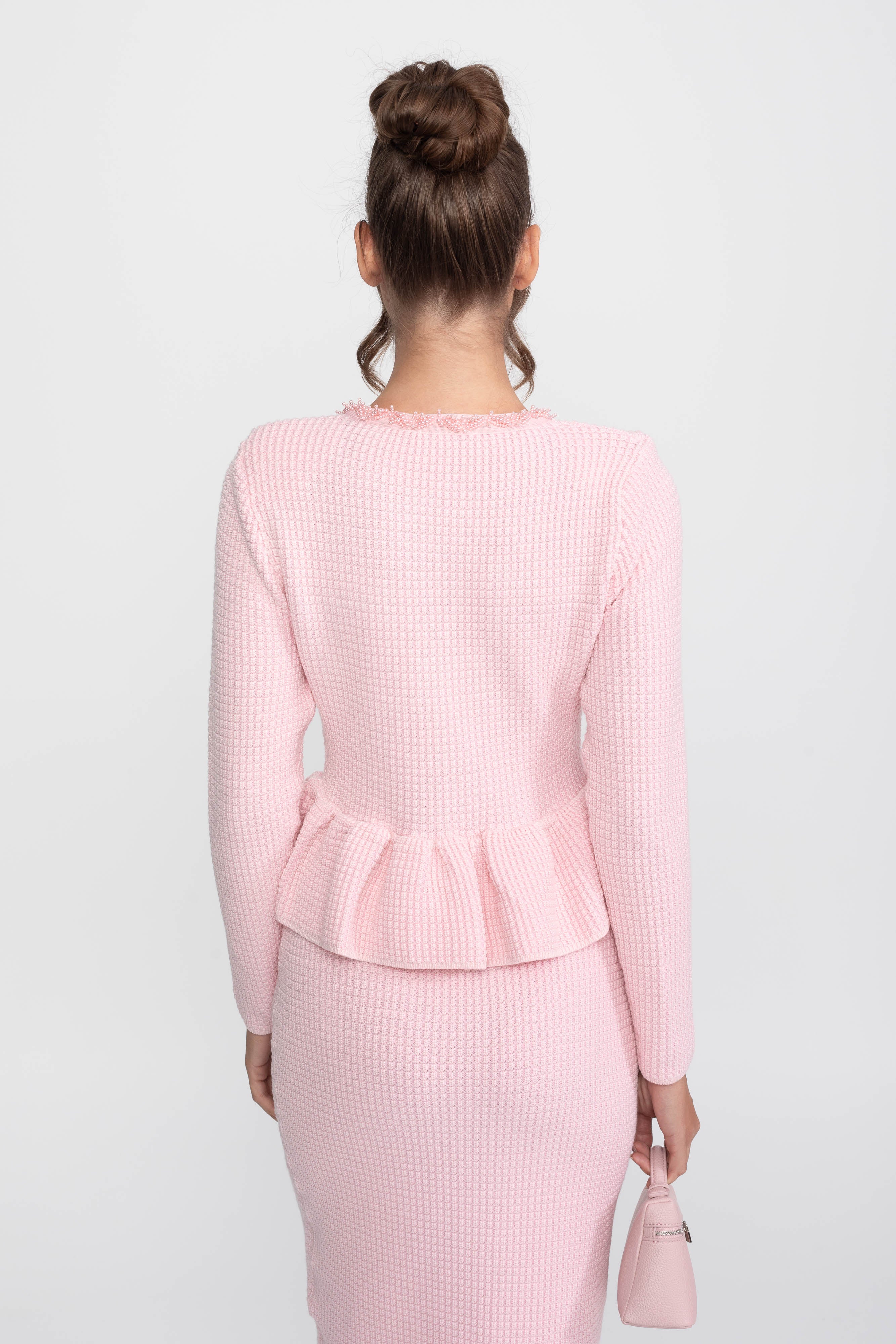 Fringe Trim Knit Peplum Dress With Front Chest Pockets - Pink