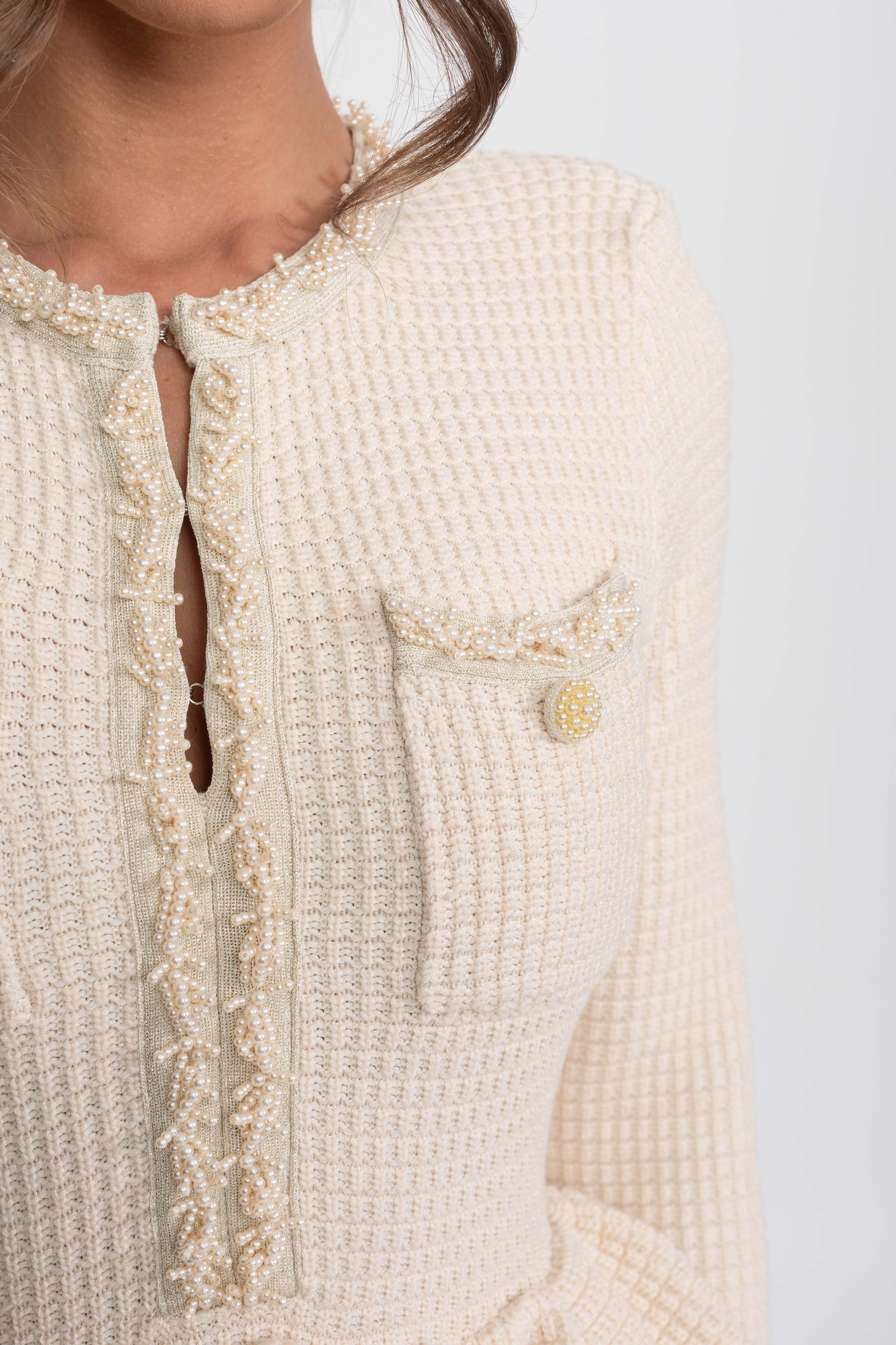 Fringe Trim Knit Peplum Dress With Front Chest Pockets - Beige