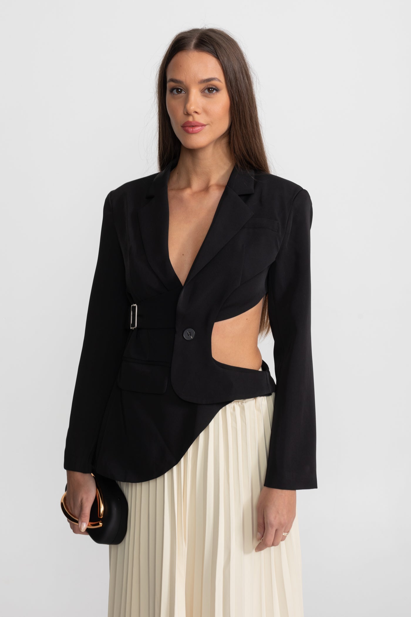 Asymmetric Cut-Out Blazer with Belt Detail - Black