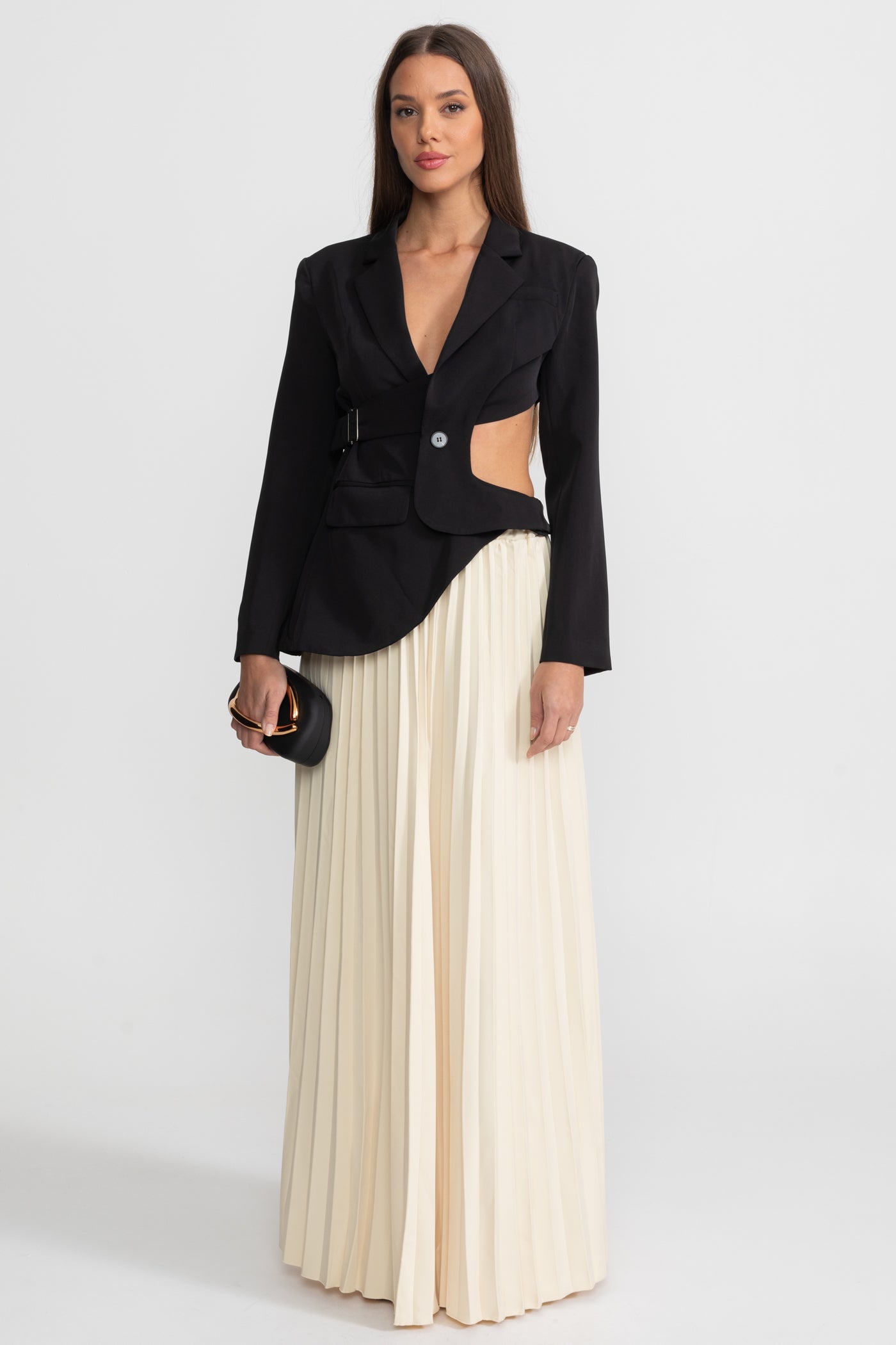 Asymmetric Cut-Out Blazer with Belt Detail - Black