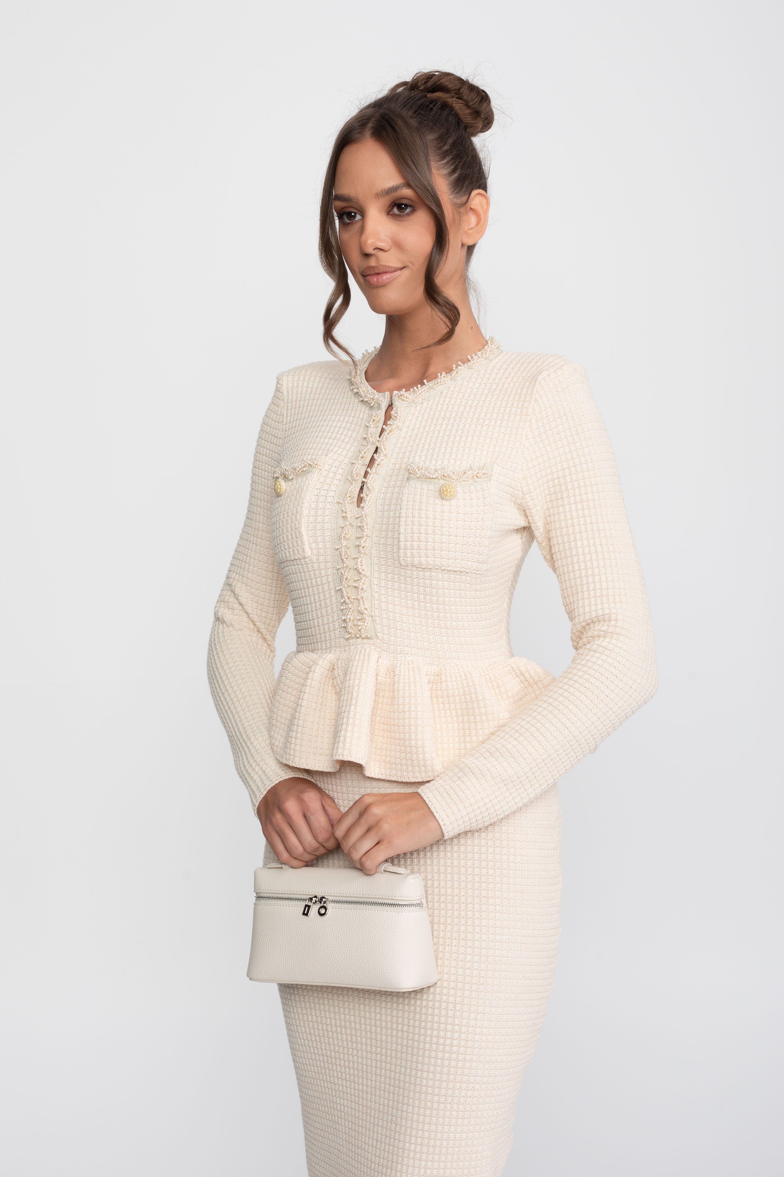 Fringe Trim Knit Peplum Dress With Front Chest Pockets - Beige