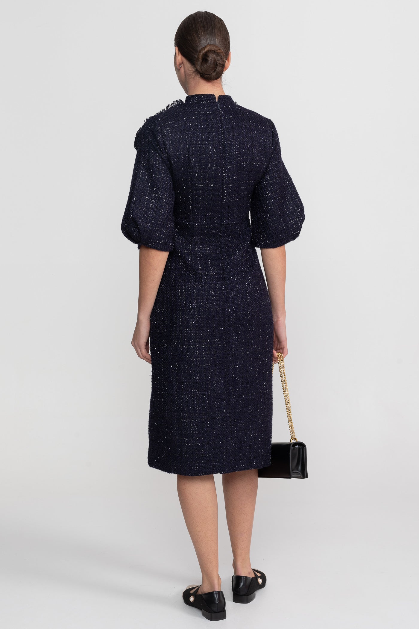 Tweed Midi Dress With Oversized Bow Neck Detail - Navy