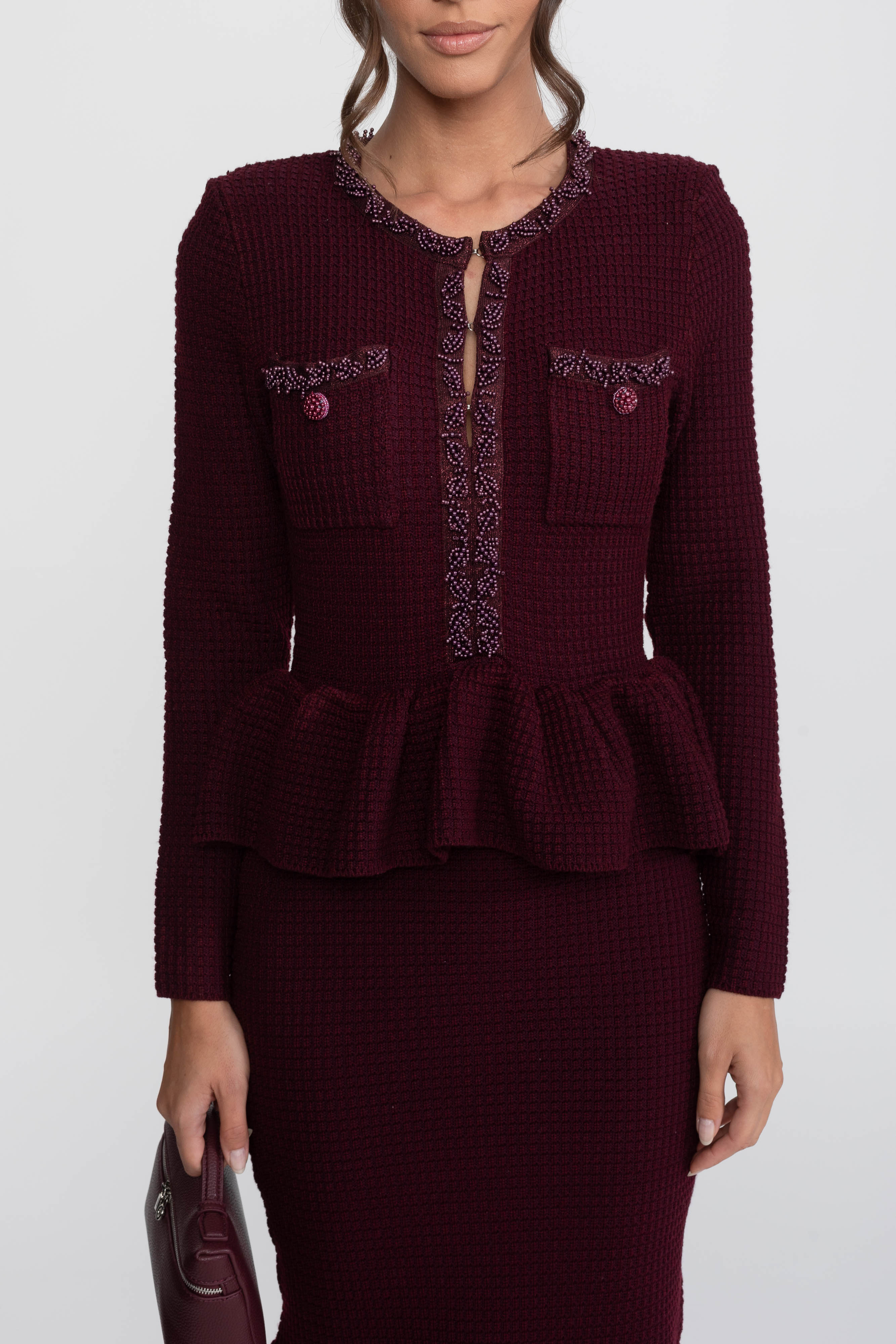 Fringe Trim Knit Peplum Dress With Front Chest Pockets - Burgundy