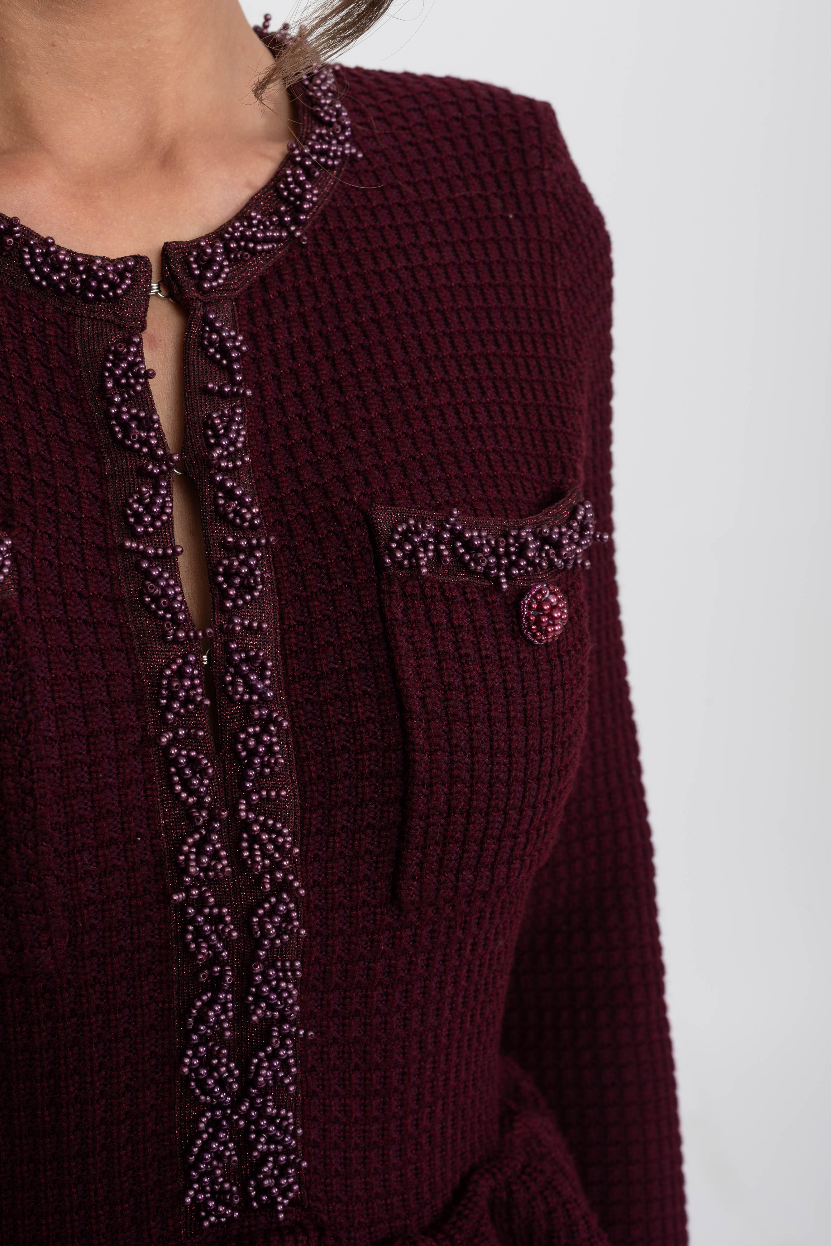 Fringe Trim Knit Peplum Dress With Front Chest Pockets - Burgundy