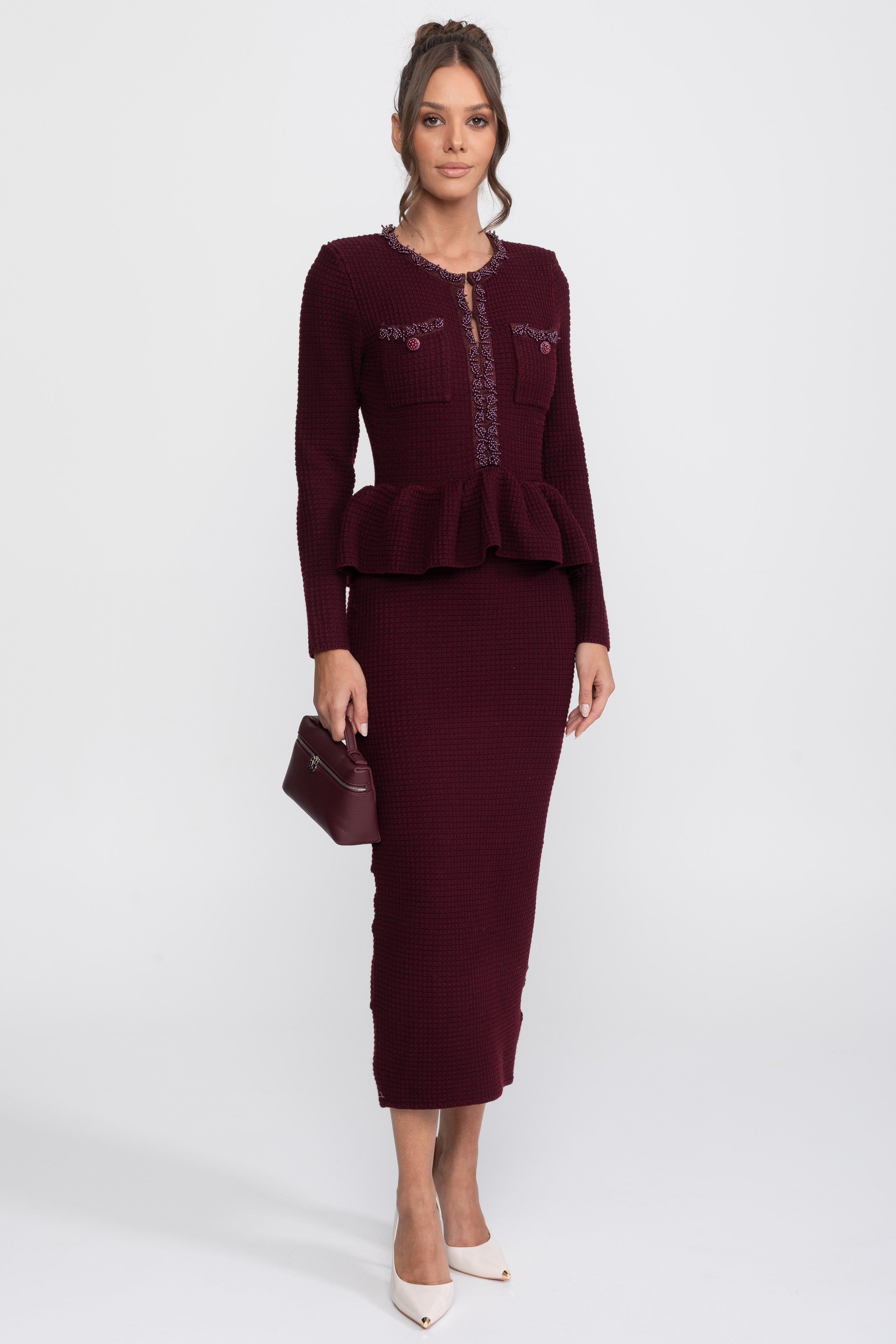 Fringe Trim Knit Peplum Dress With Front Chest Pockets - Burgundy