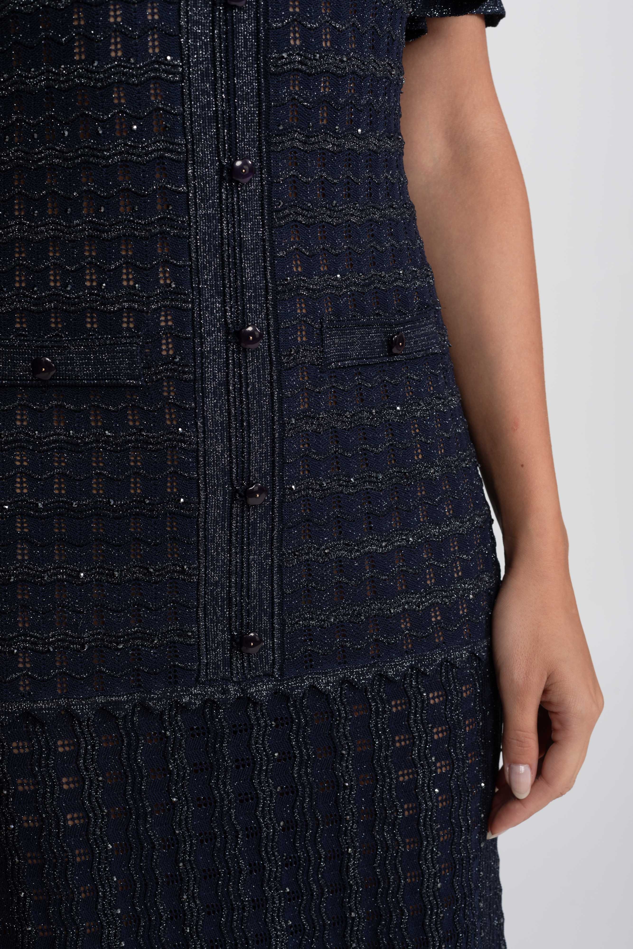 Short Sleeve Midi Dress With Shimmer Knit Texture - Navy