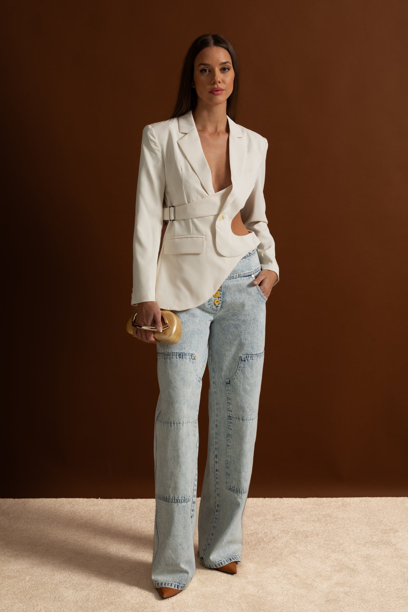 Asymmetric Cut-Out Blazer with Belt Detail - White