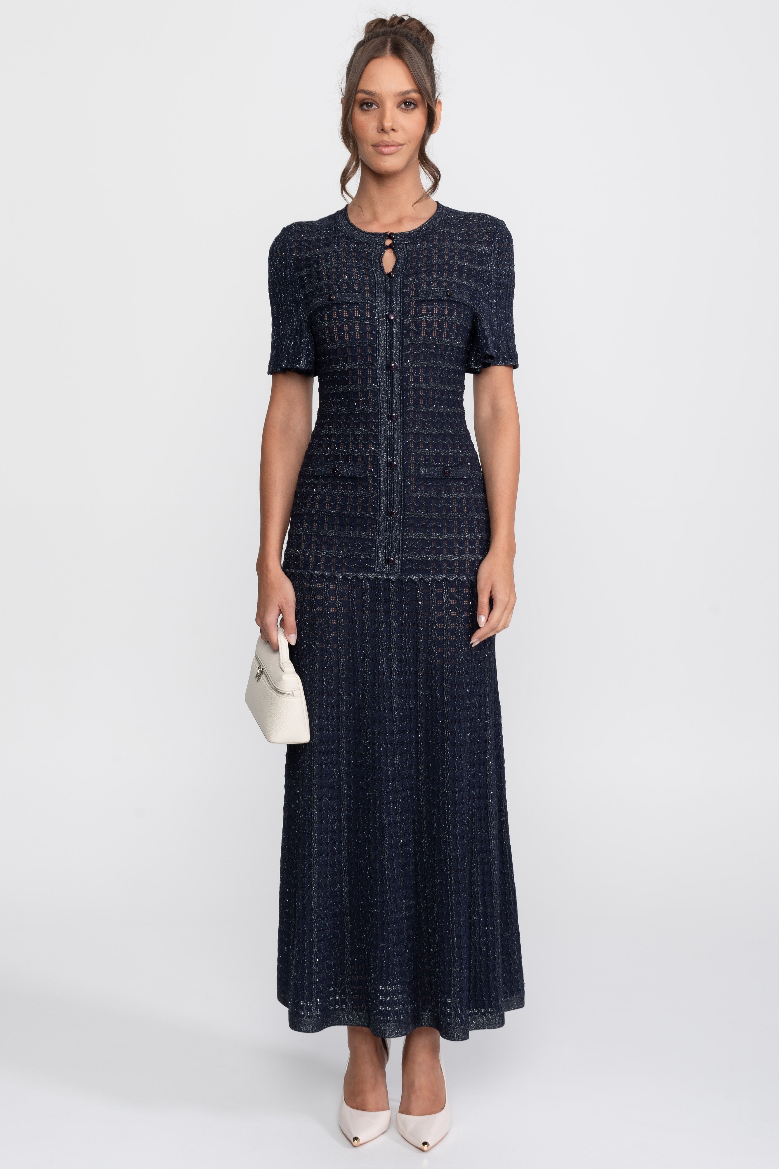 Short Sleeve Midi Dress With Shimmer Knit Texture - Navy