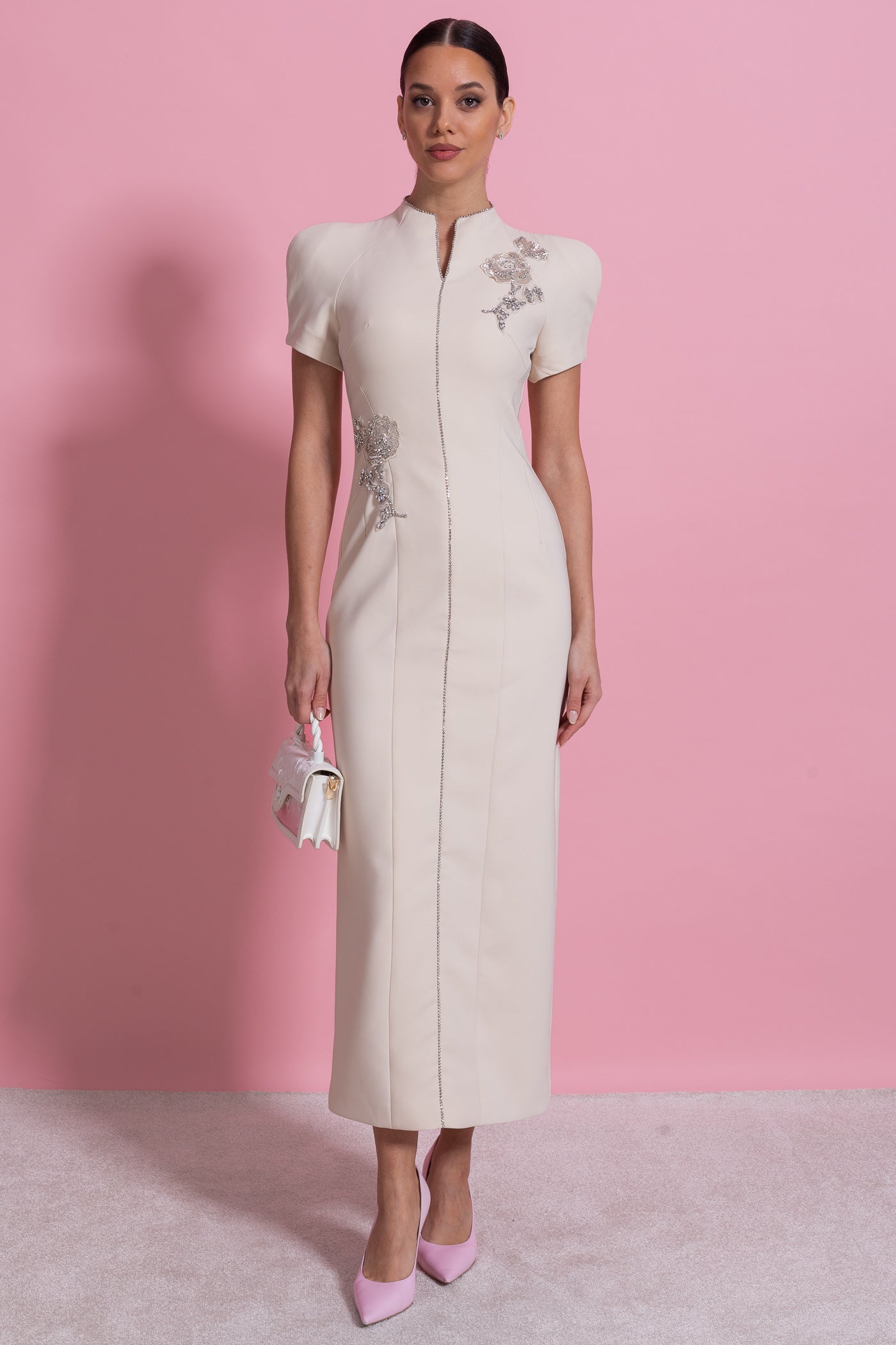 Short Sleeve Midi Dress With High Split Neckline And Sparkling Embellishments - Ivoire