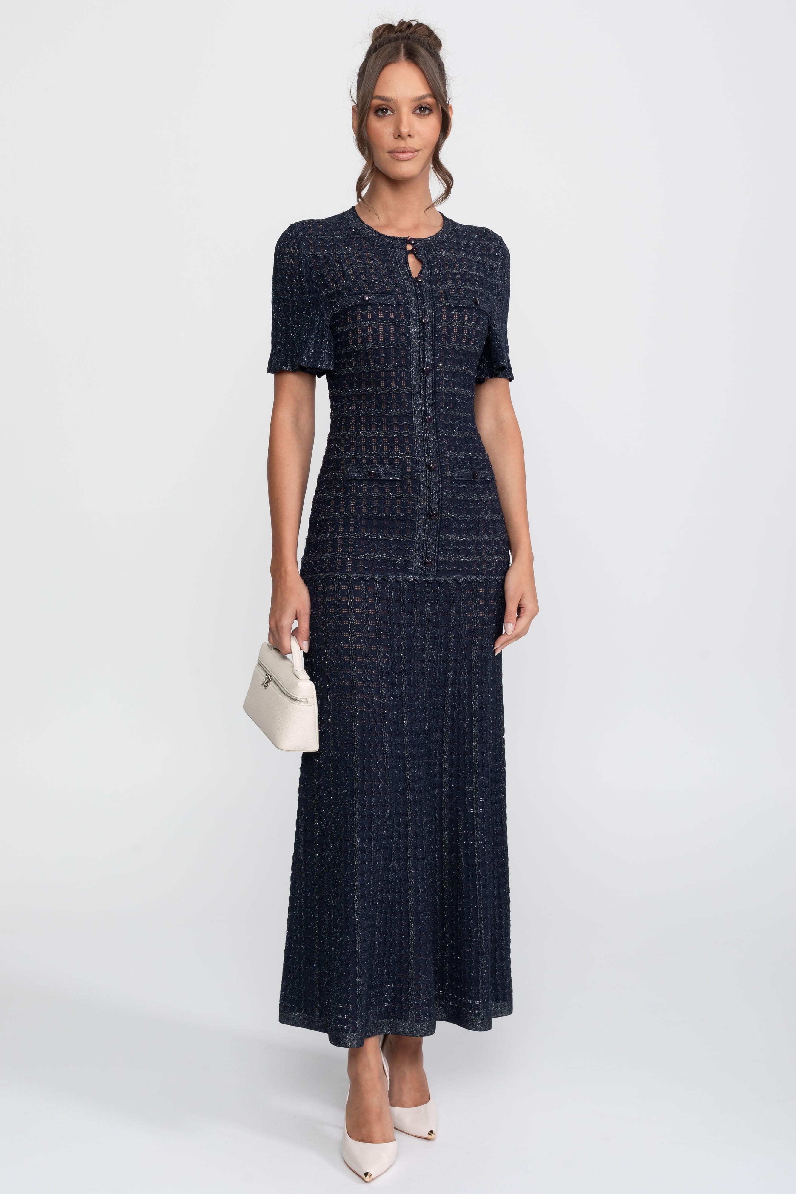 Short Sleeve Midi Dress With Shimmer Knit Texture - Navy
