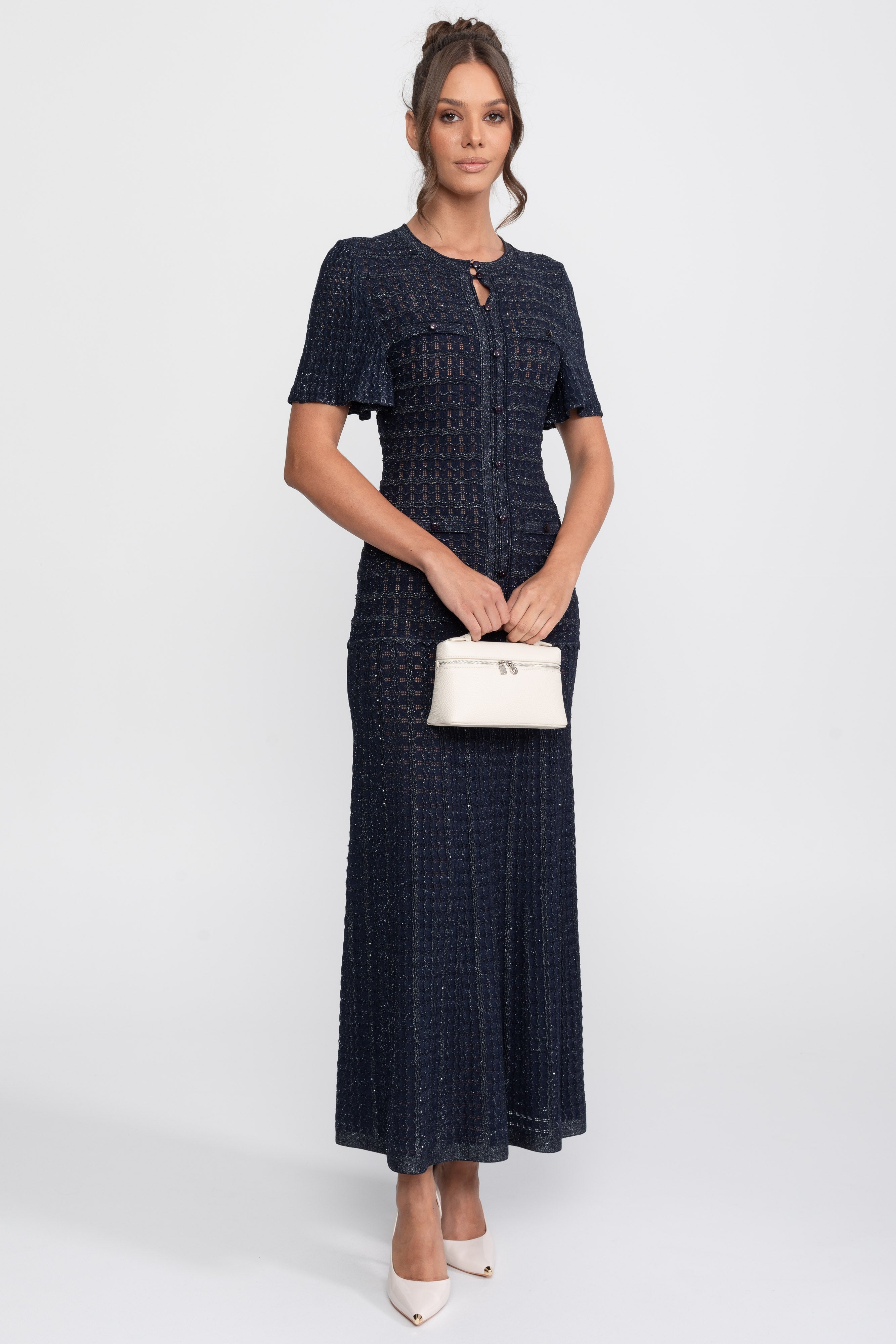 Short Sleeve Midi Dress With Shimmer Knit Texture - Navy