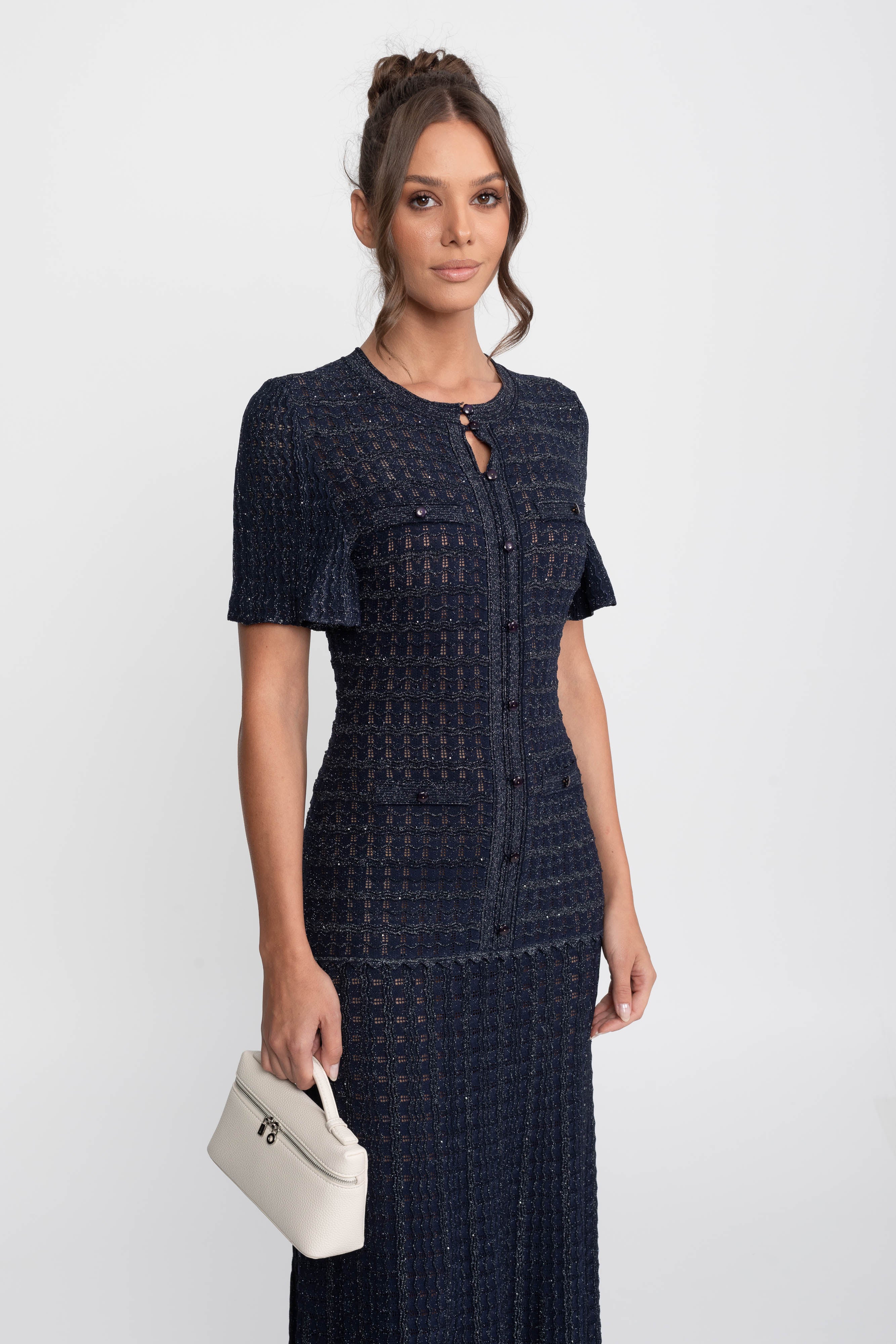 Short Sleeve Midi Dress With Shimmer Knit Texture - Navy