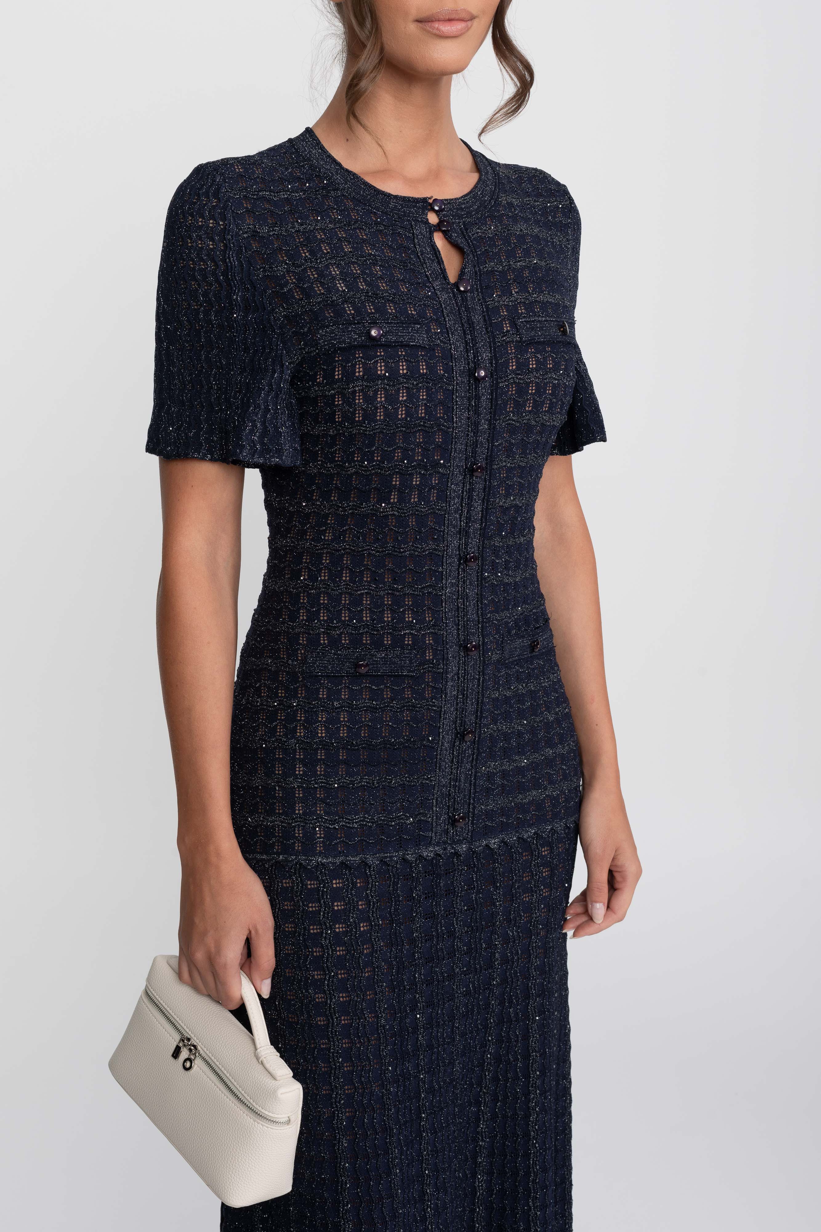Short Sleeve Midi Dress With Shimmer Knit Texture - Navy