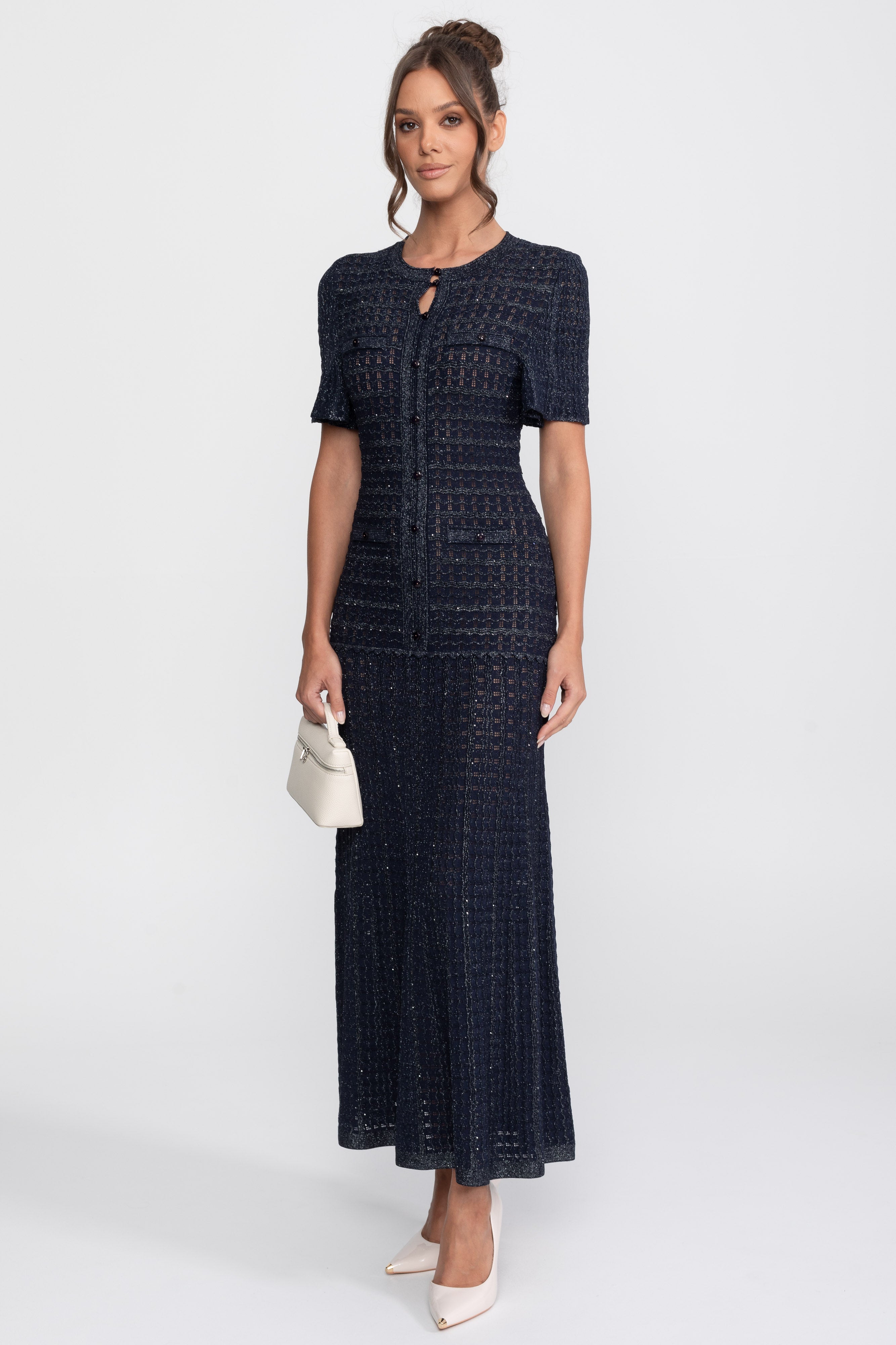 Short Sleeve Midi Dress With Shimmer Knit Texture - Navy