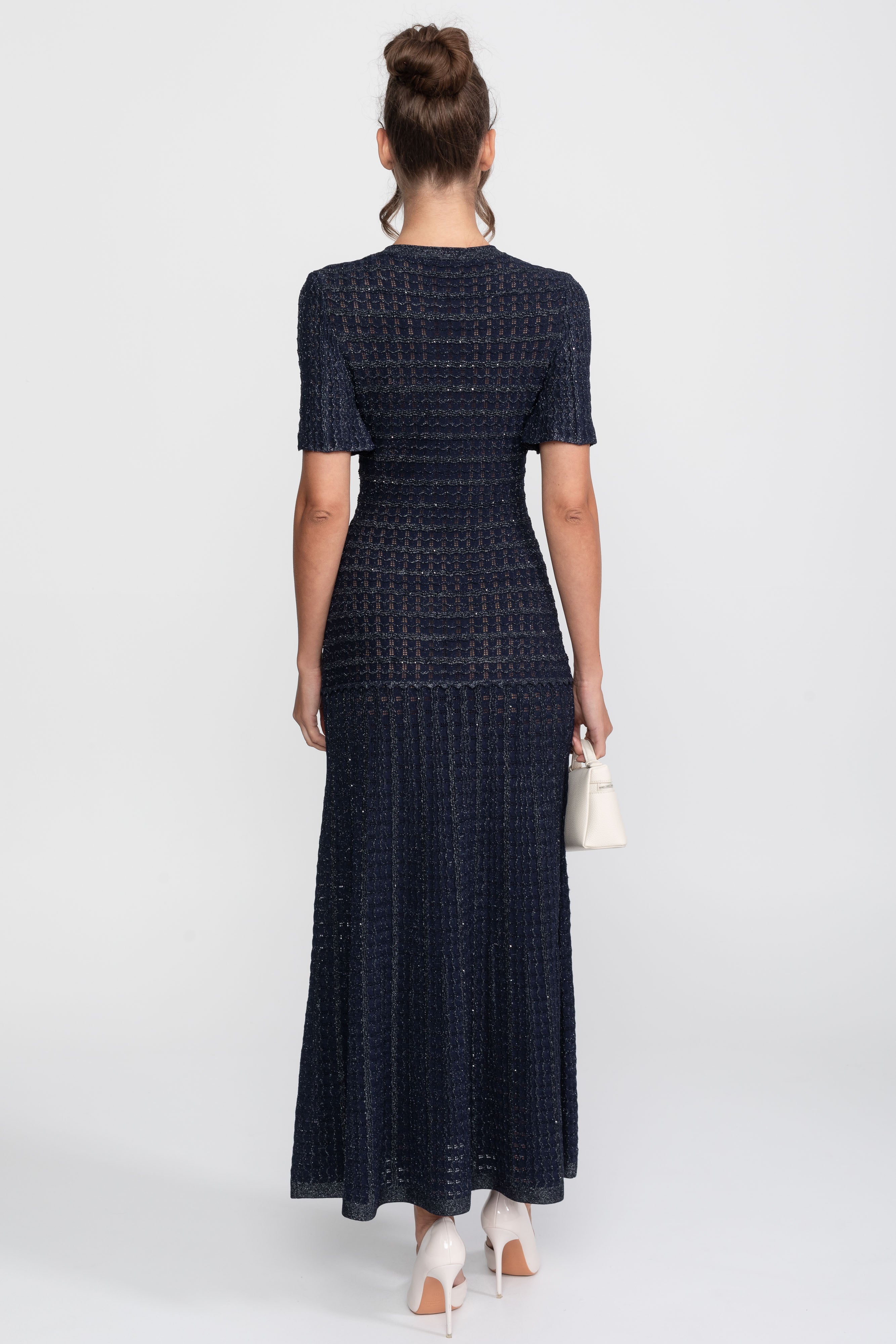Short Sleeve Midi Dress With Shimmer Knit Texture - Navy