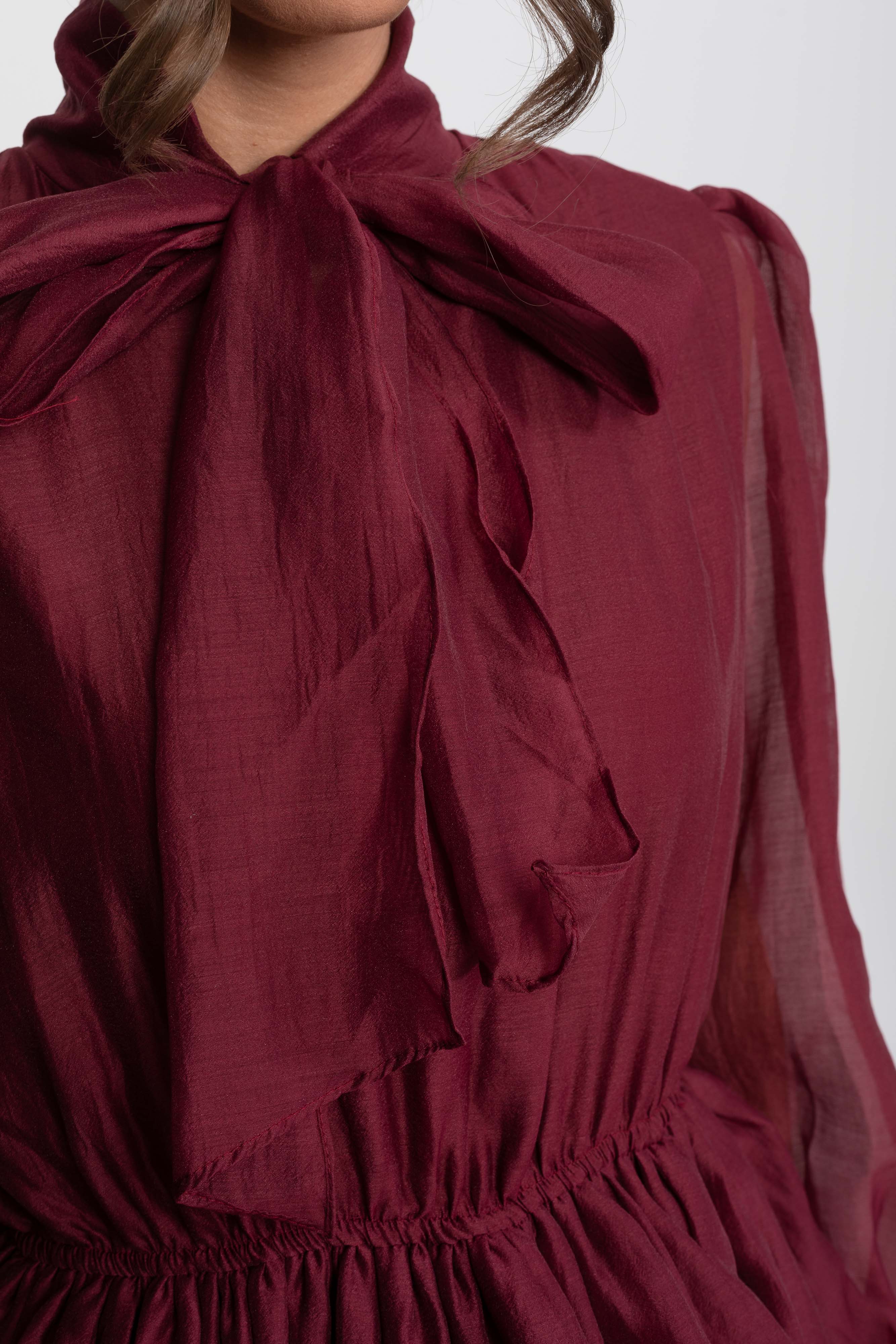 High-Neck Puff-Sleeve Mini Dress With Tiered Ruffle Skirt And Bow - Wine