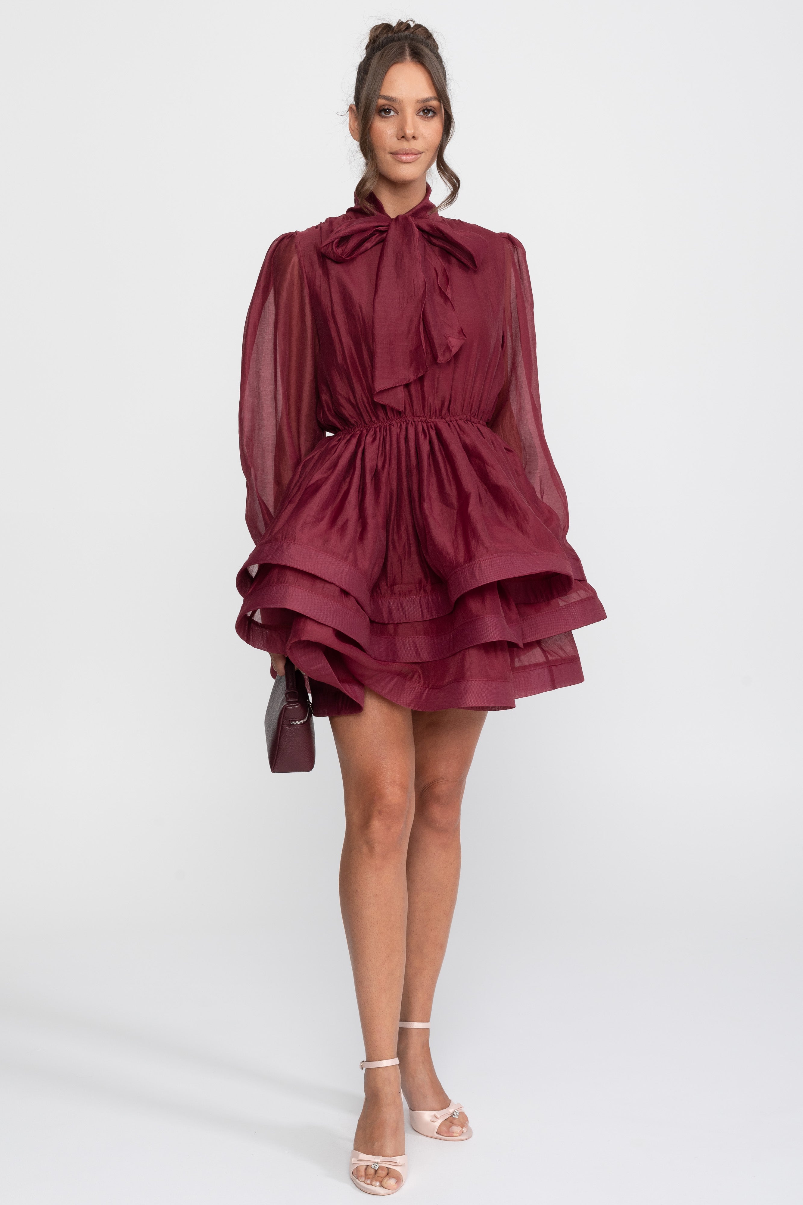 High-Neck Puff-Sleeve Mini Dress With Tiered Ruffle Skirt And Bow - Wine