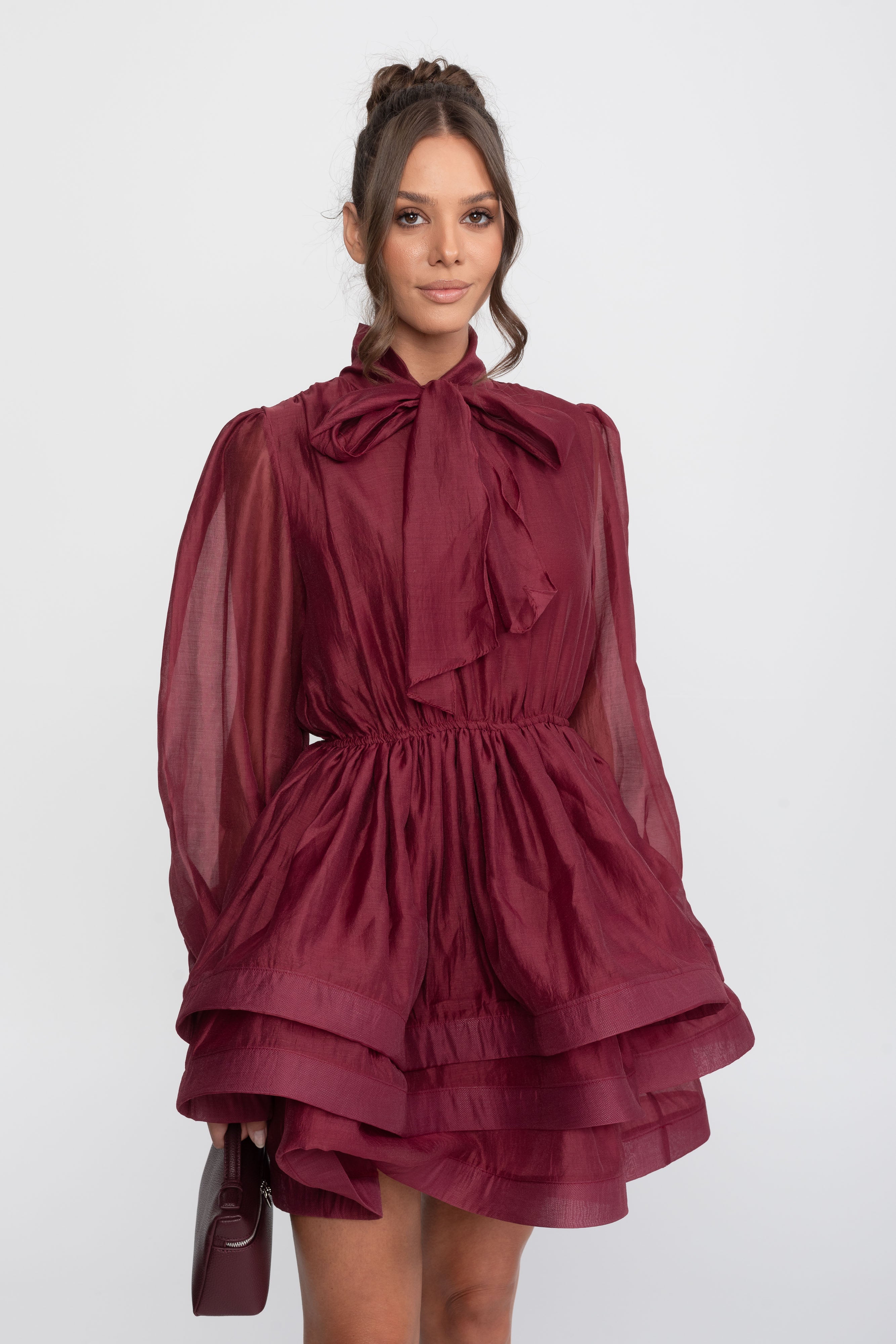 High-Neck Puff-Sleeve Mini Dress With Tiered Ruffle Skirt And Bow - Wine