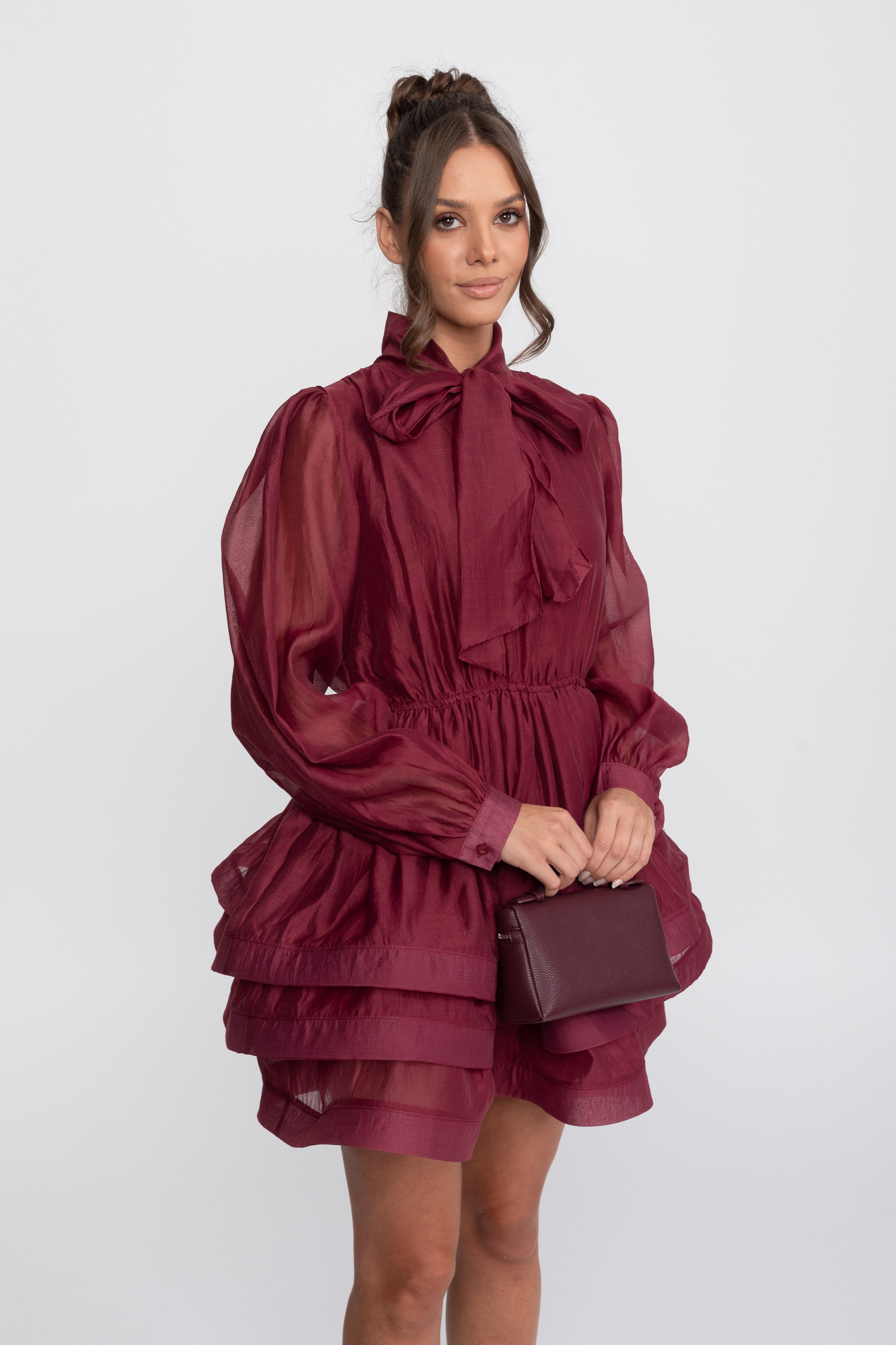 High-Neck Puff-Sleeve Mini Dress With Tiered Ruffle Skirt And Bow - Wine