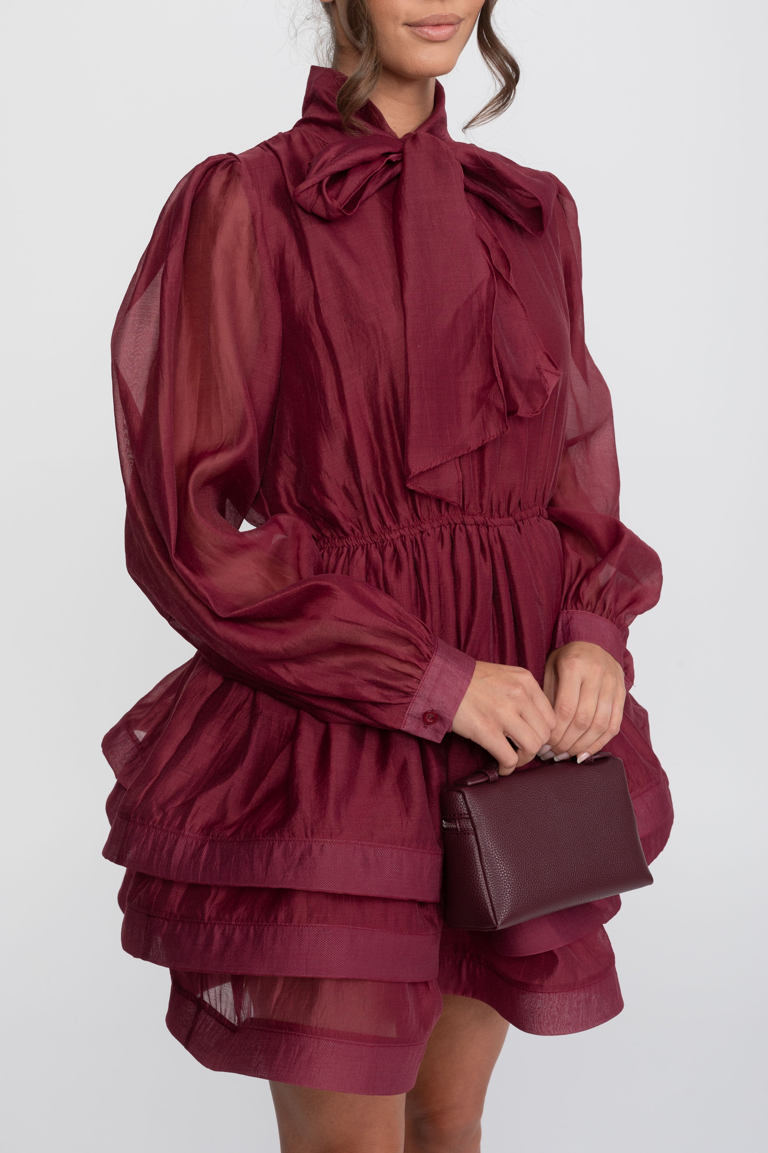 High-Neck Puff-Sleeve Mini Dress With Tiered Ruffle Skirt And Bow - Wine