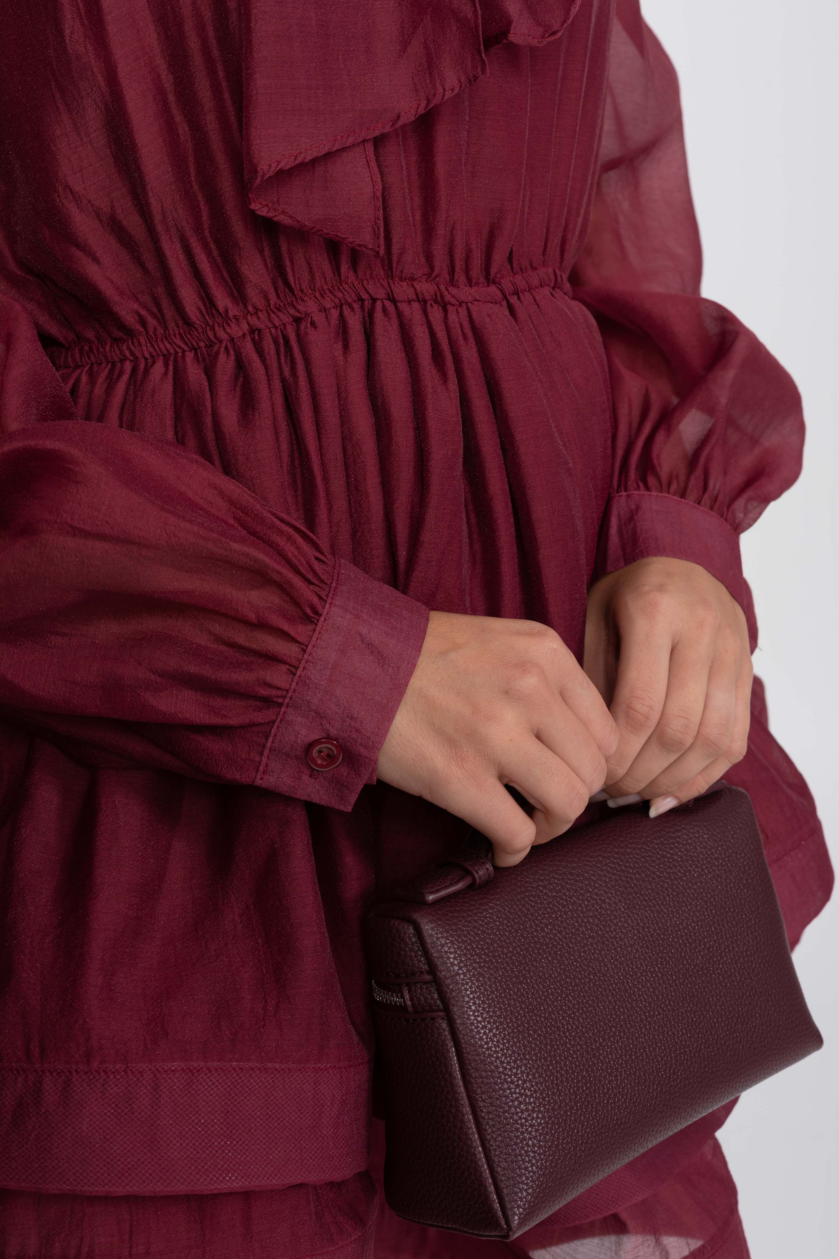 High-Neck Puff-Sleeve Mini Dress With Tiered Ruffle Skirt And Bow - Wine
