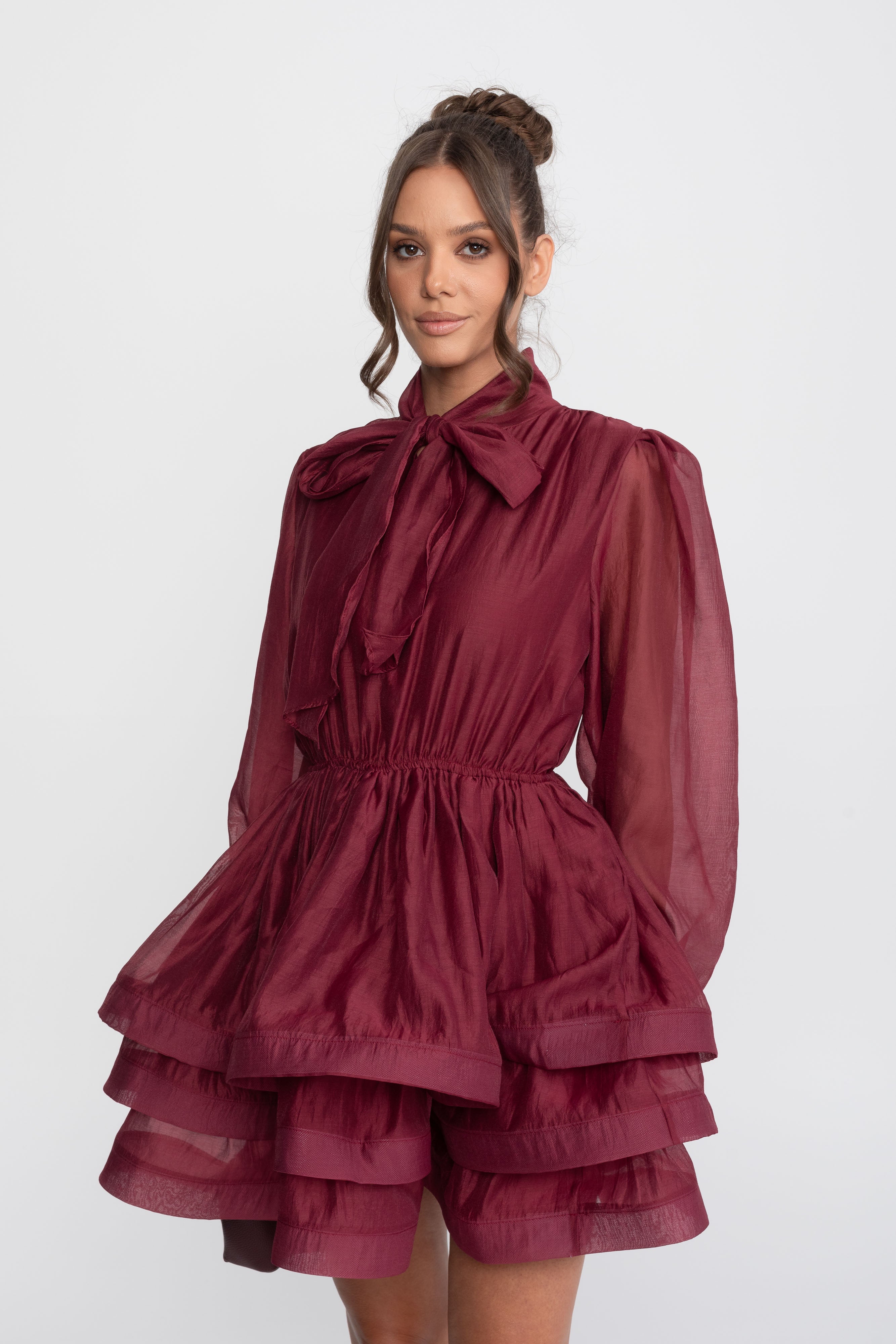 High-Neck Puff-Sleeve Mini Dress With Tiered Ruffle Skirt And Bow - Wine