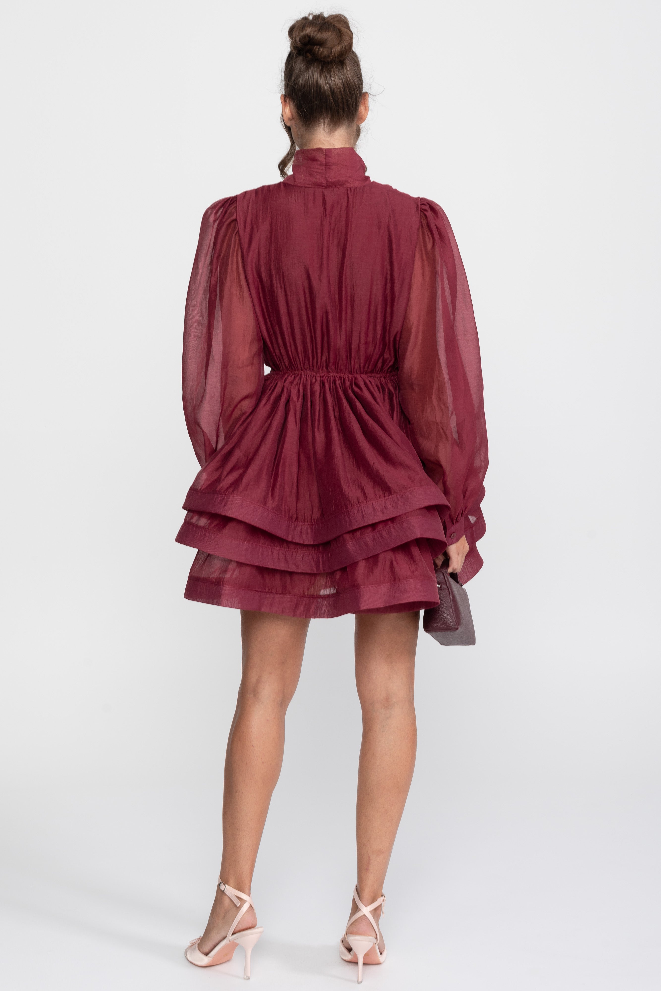 High-Neck Puff-Sleeve Mini Dress With Tiered Ruffle Skirt And Bow - Wine