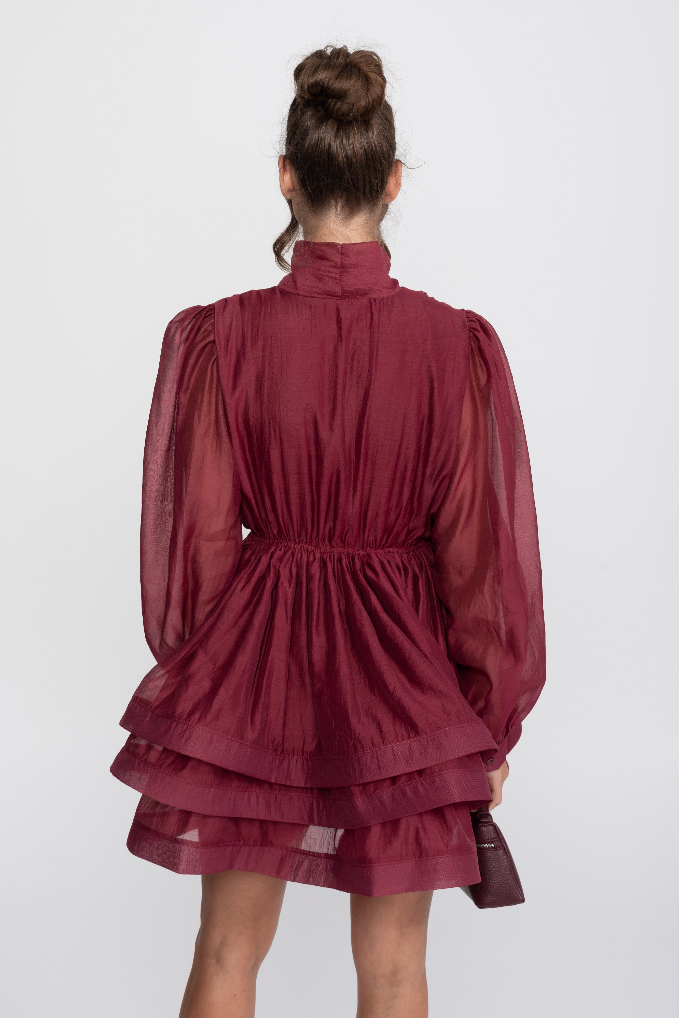 High-Neck Puff-Sleeve Mini Dress With Tiered Ruffle Skirt And Bow - Wine