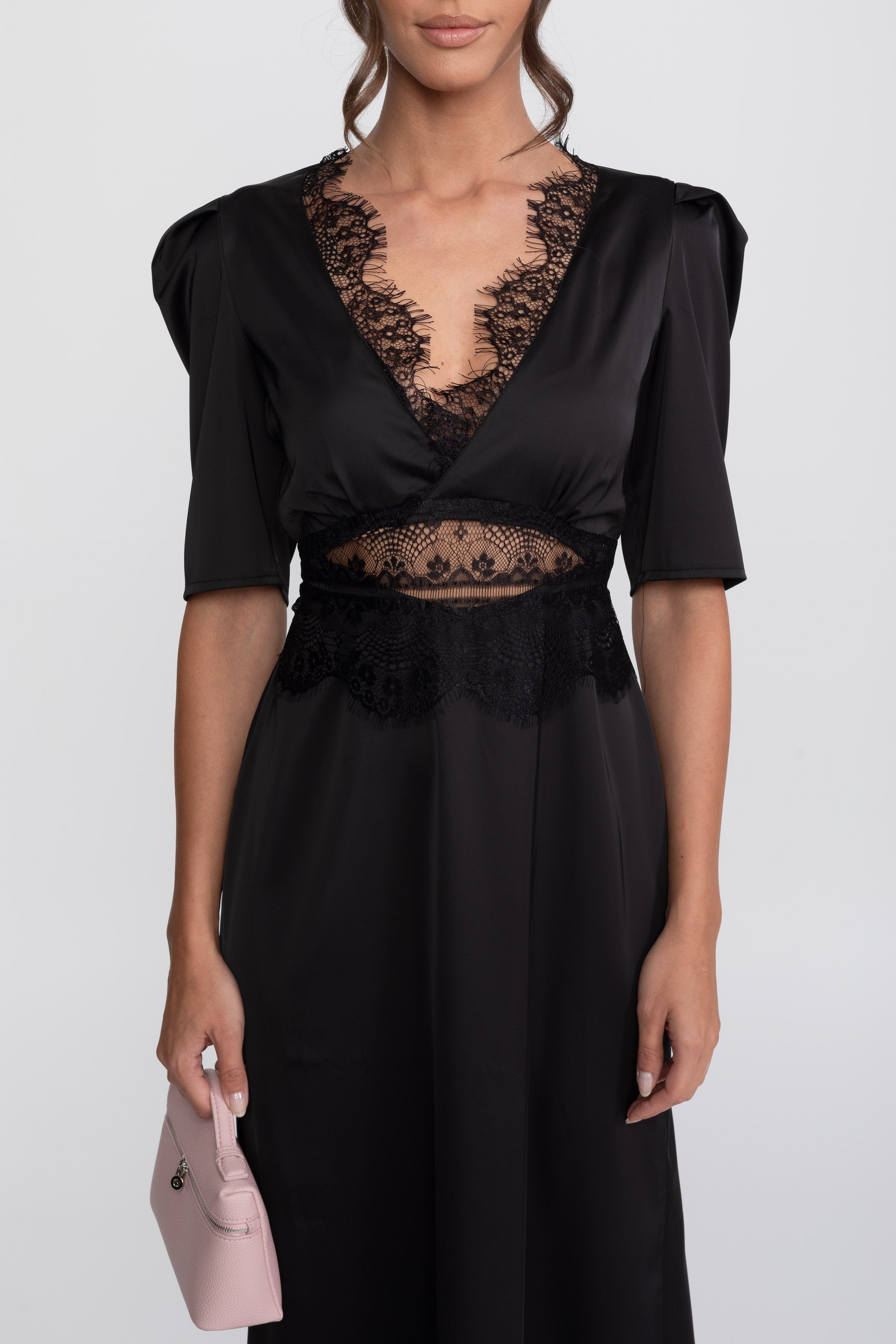 Lace-Trim Polka Dot Midi Dress With Puff Sleeves - Black