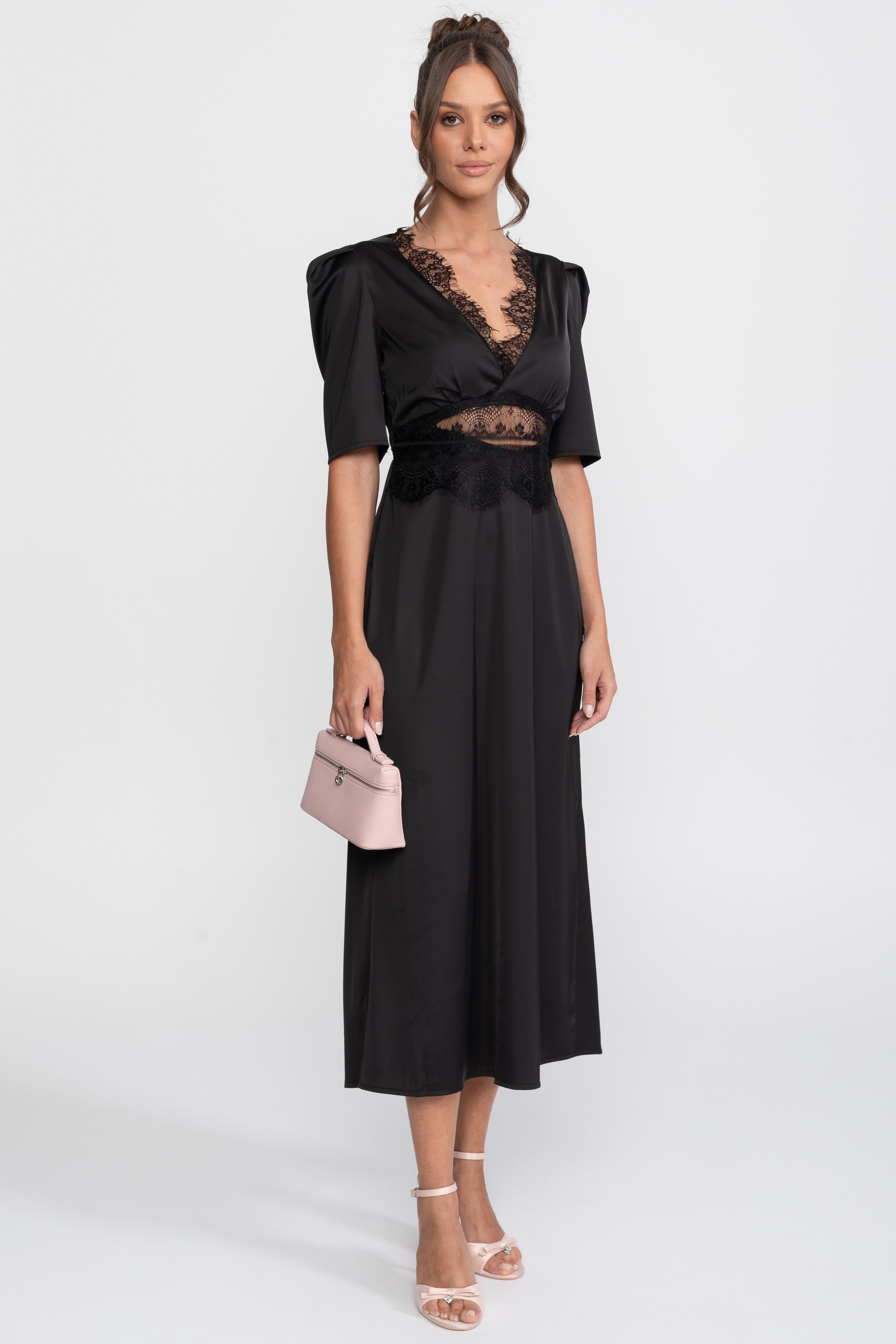 Lace-Trim Polka Dot Midi Dress With Puff Sleeves - Black