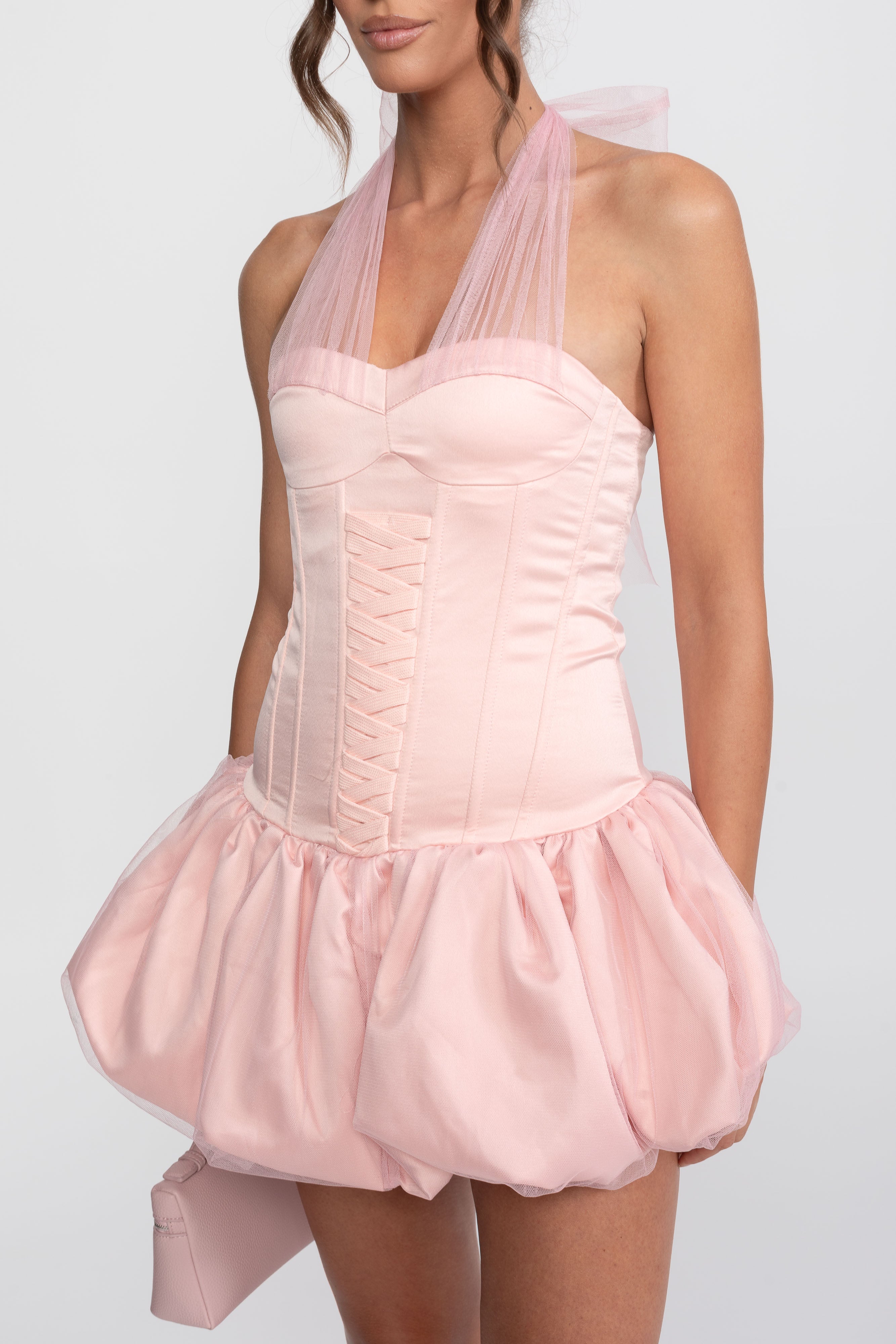 Corset Bubble Hem Mini Dress With Sheer Halter Tie - Pink