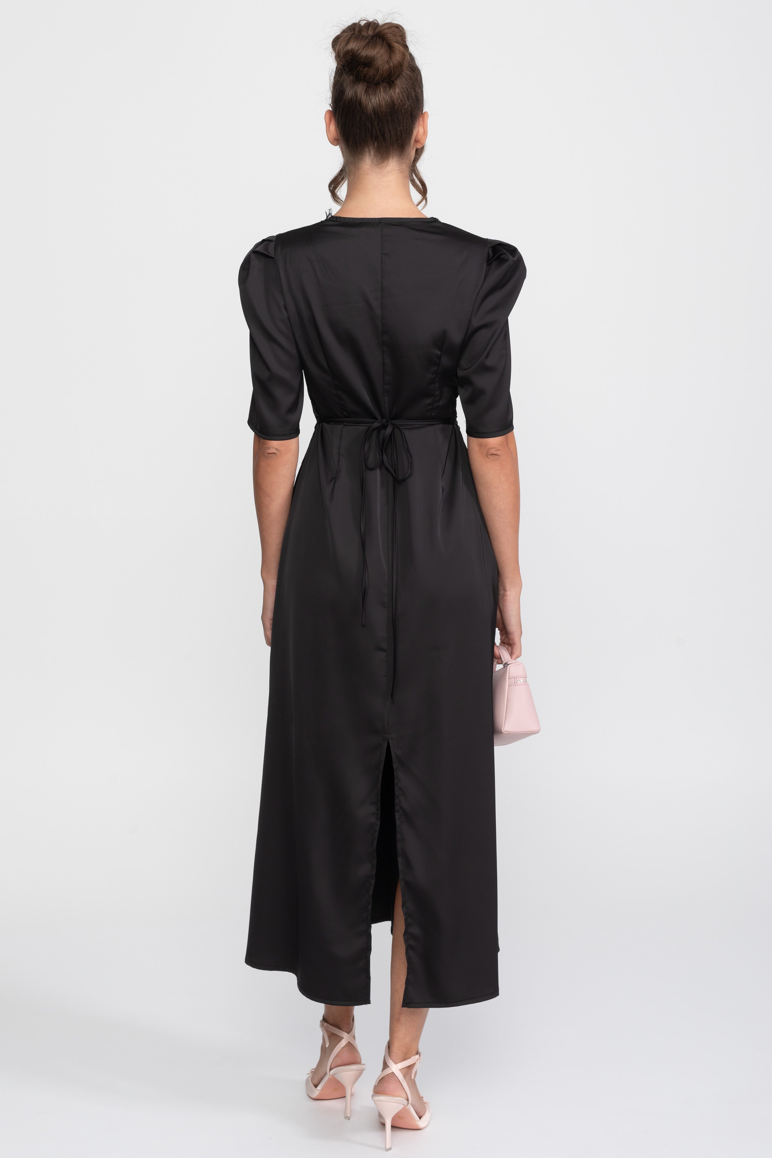 Lace-Trim Polka Dot Midi Dress With Puff Sleeves - Black
