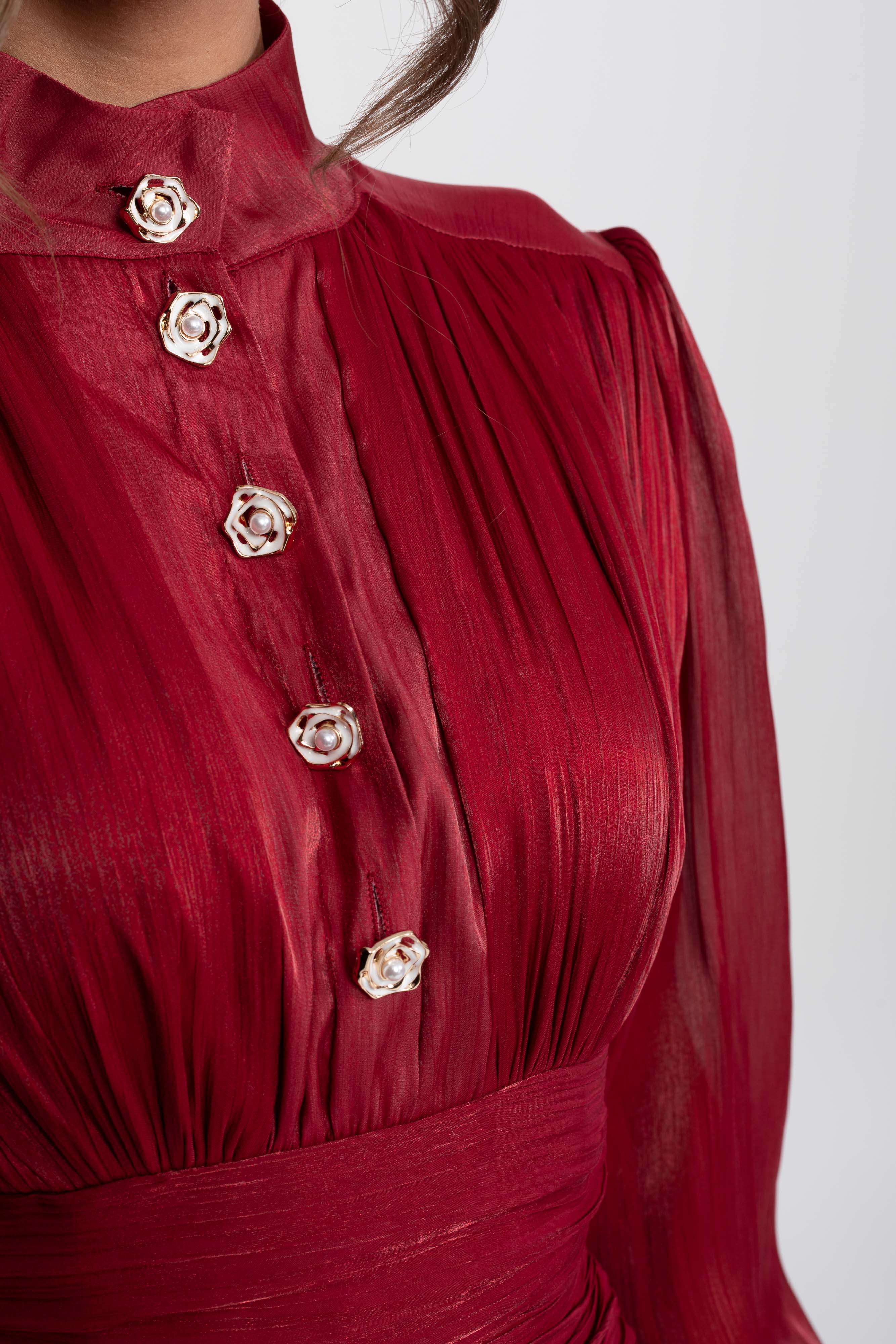 Balloon-Sleeve Tiered Maxi Dress With Jeweled Rose Buttons - Red