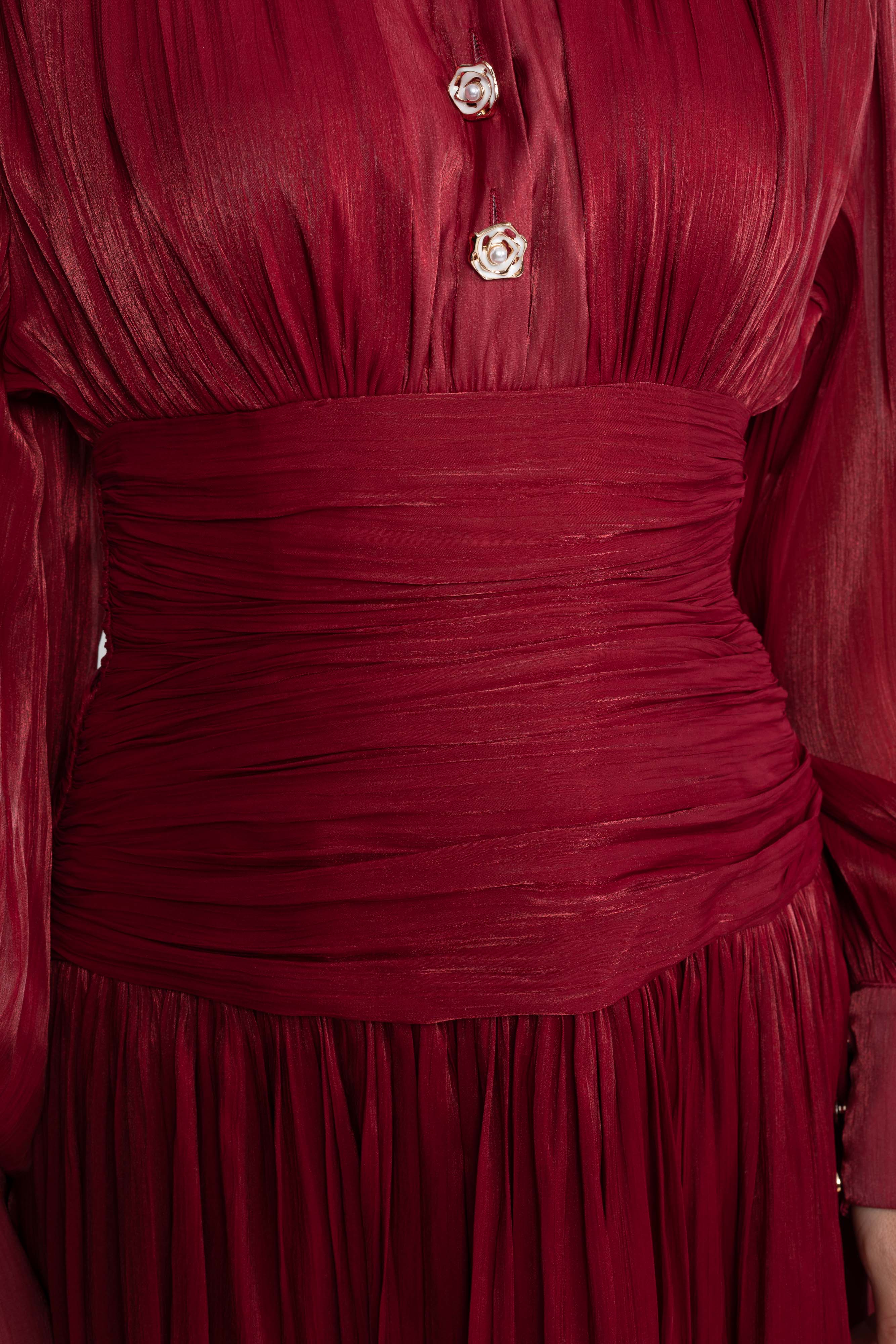 Balloon-Sleeve Tiered Maxi Dress With Jeweled Rose Buttons - Red