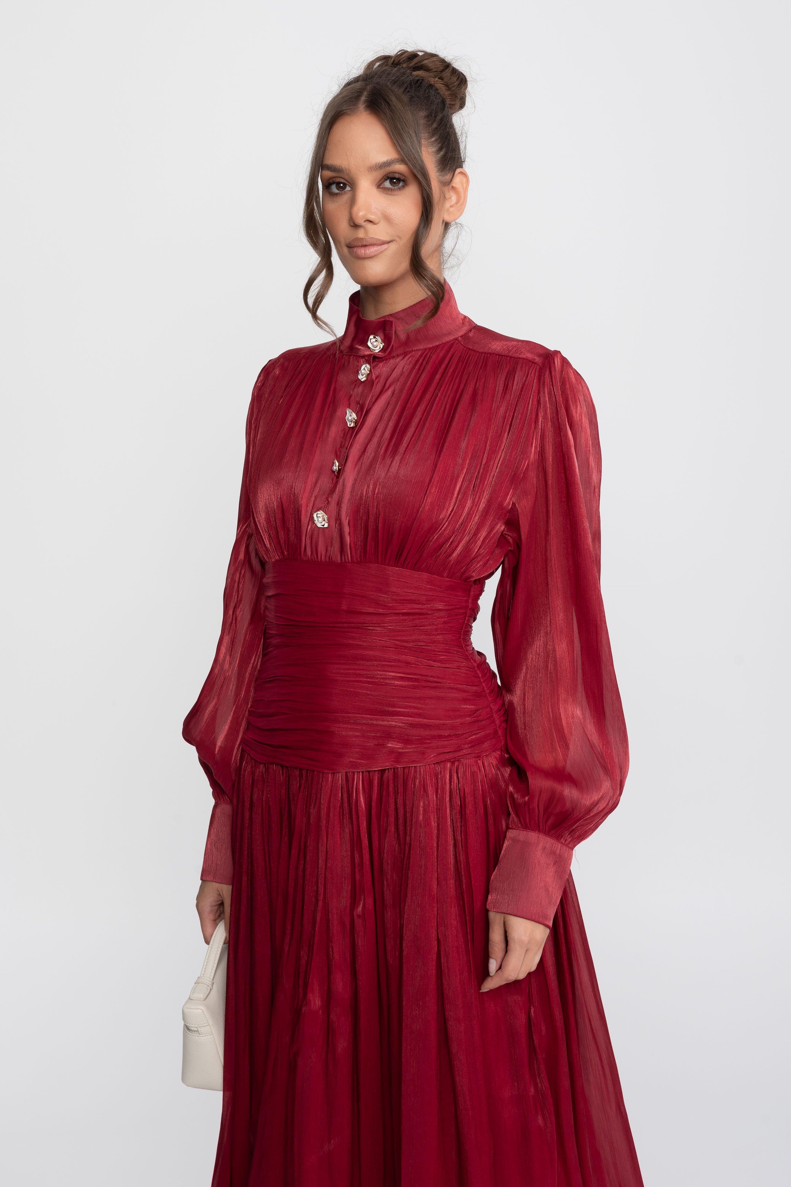 Balloon-Sleeve Tiered Maxi Dress With Jeweled Rose Buttons - Red