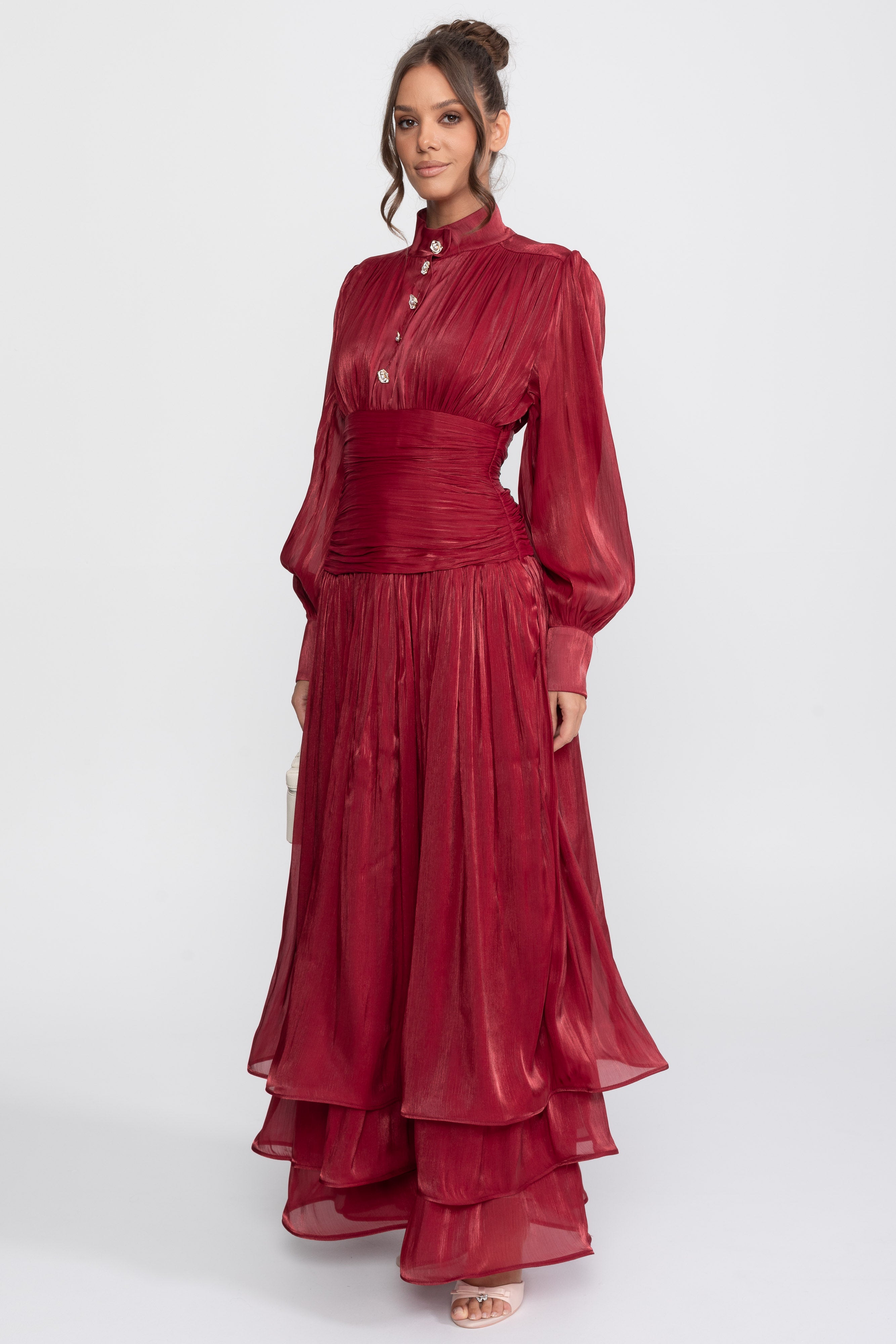 Balloon-Sleeve Tiered Maxi Dress With Jeweled Rose Buttons - Red