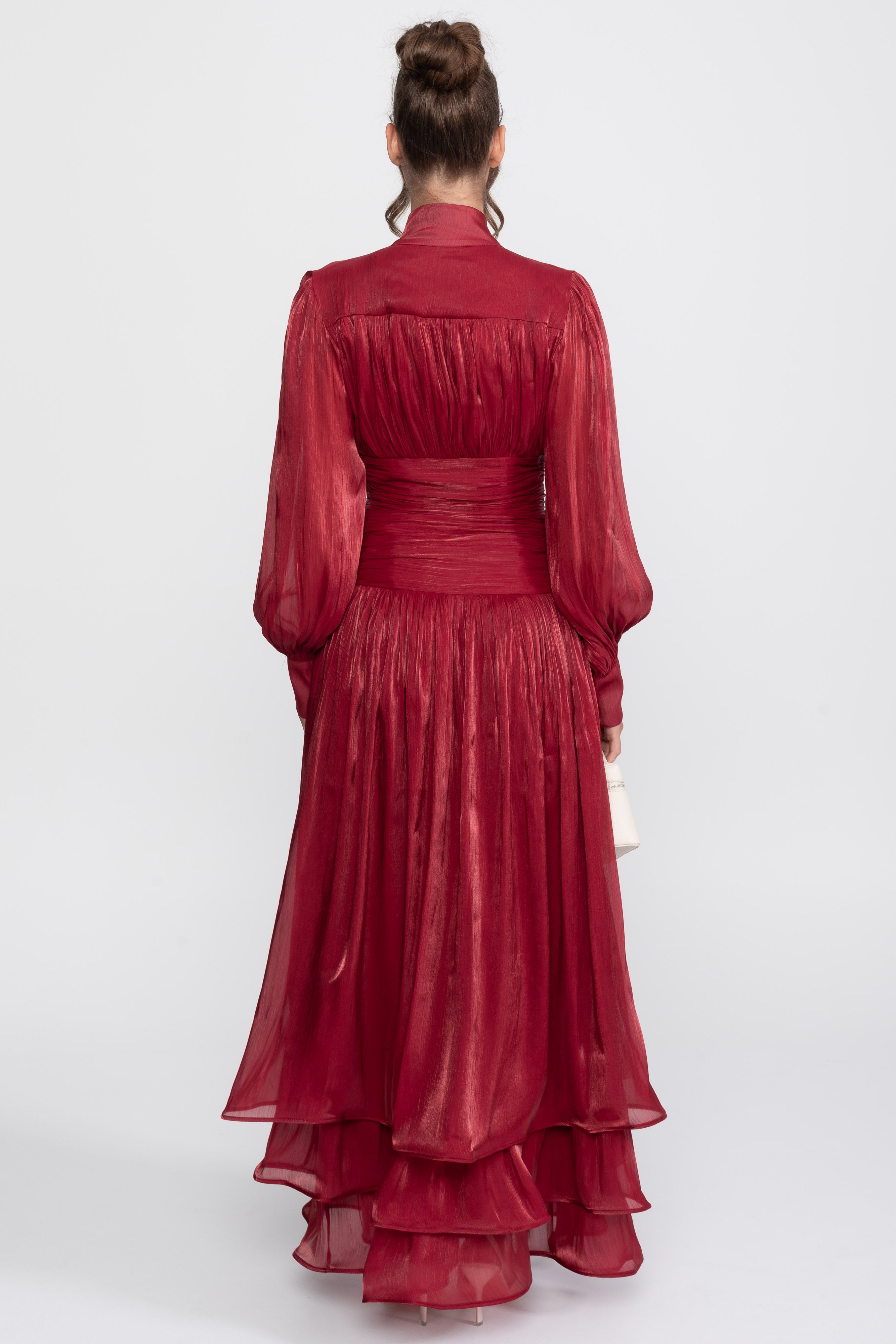 Balloon-Sleeve Tiered Maxi Dress With Jeweled Rose Buttons - Red