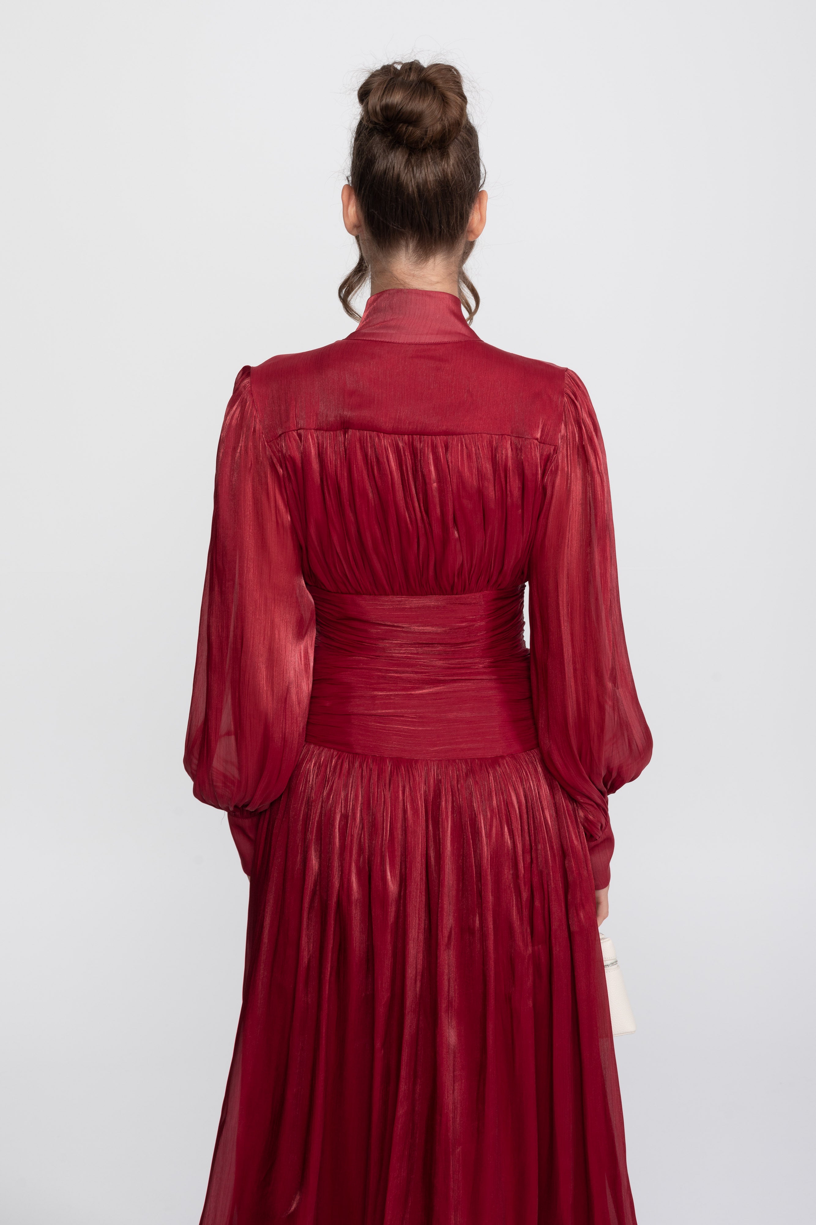 Balloon-Sleeve Tiered Maxi Dress With Jeweled Rose Buttons - Red