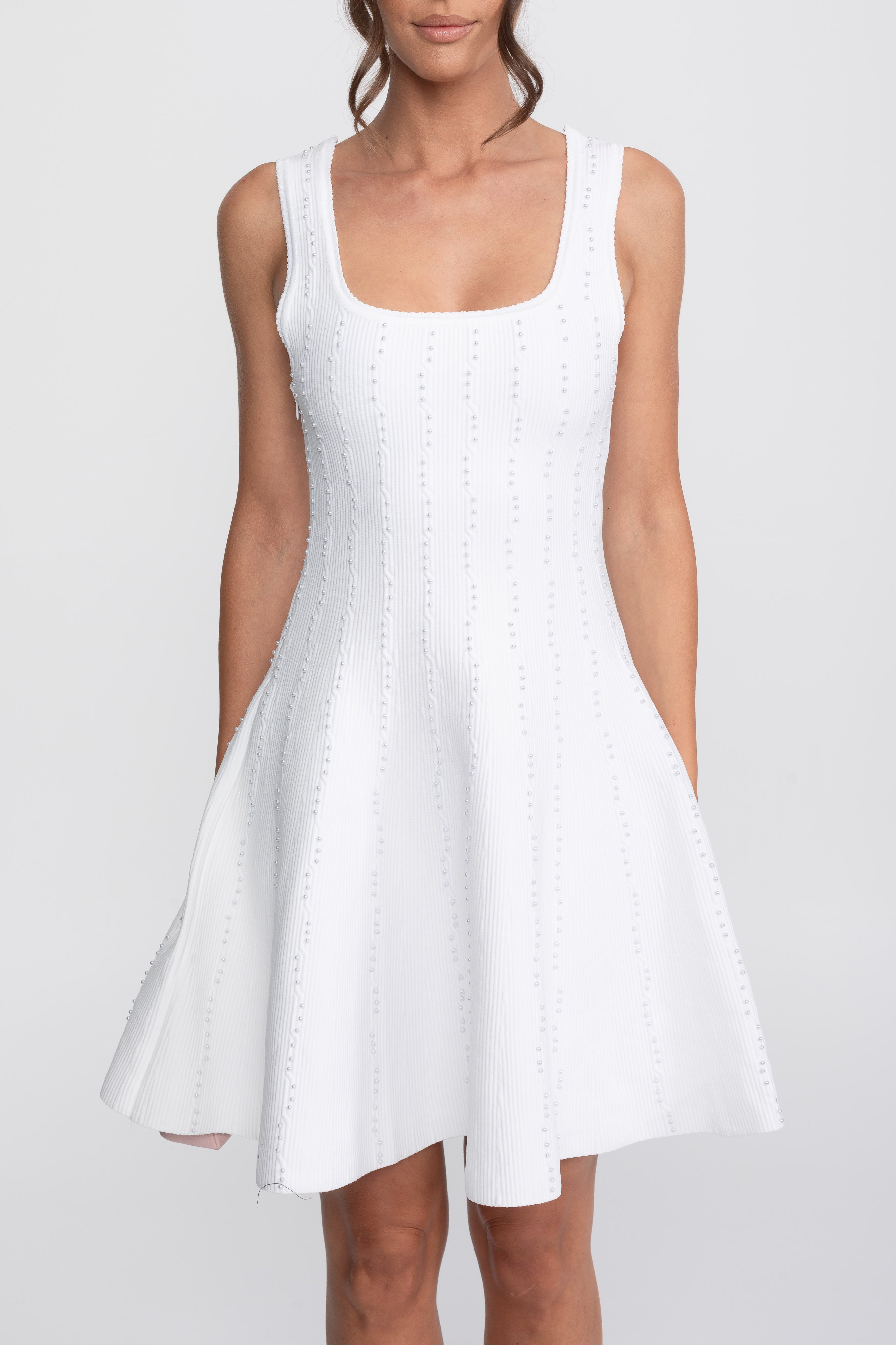 Pearl Beaded Ribbed Mini Dress With Square Neck - White