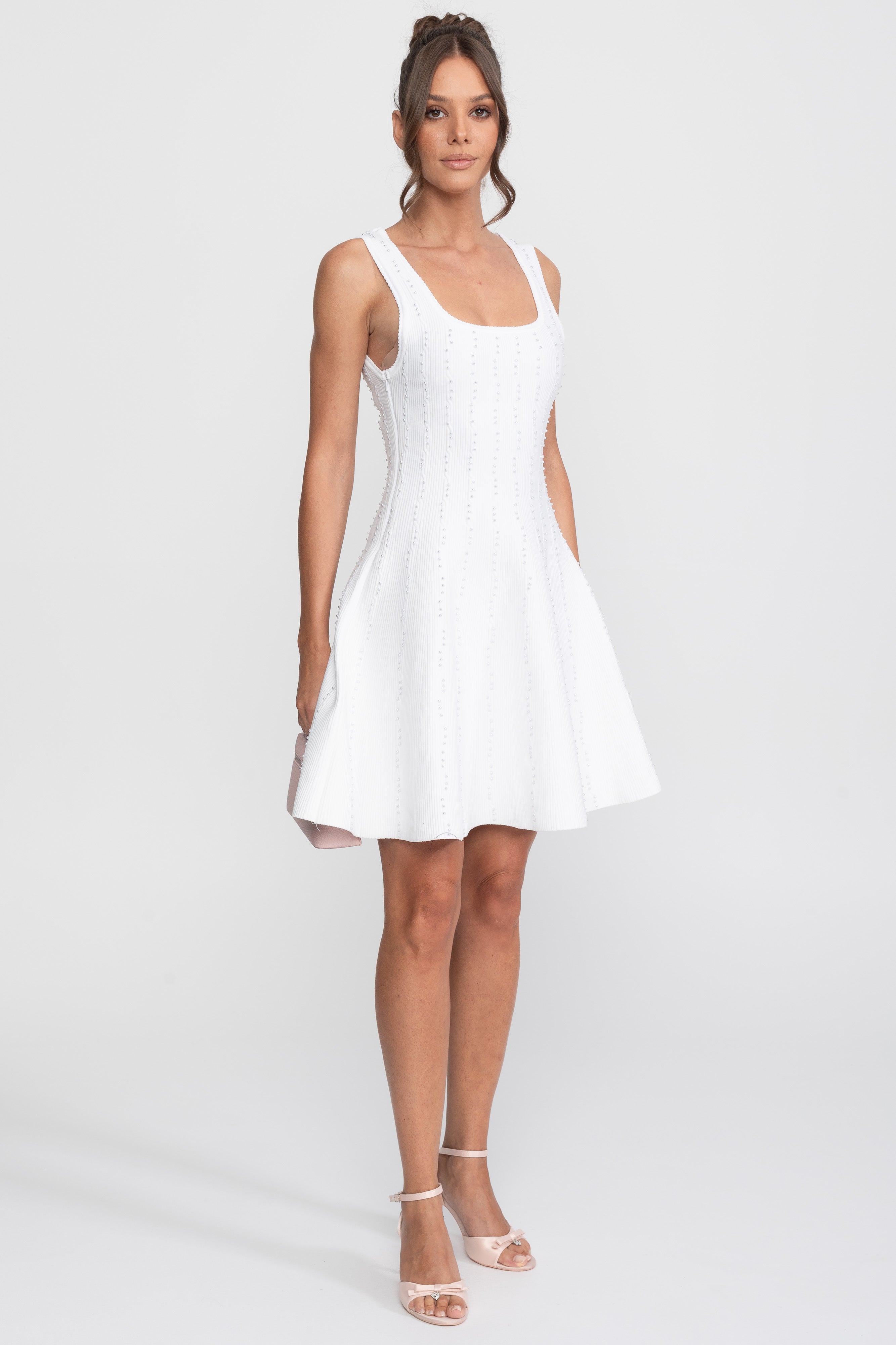 Pearl Beaded Ribbed Mini Dress With Square Neck - White