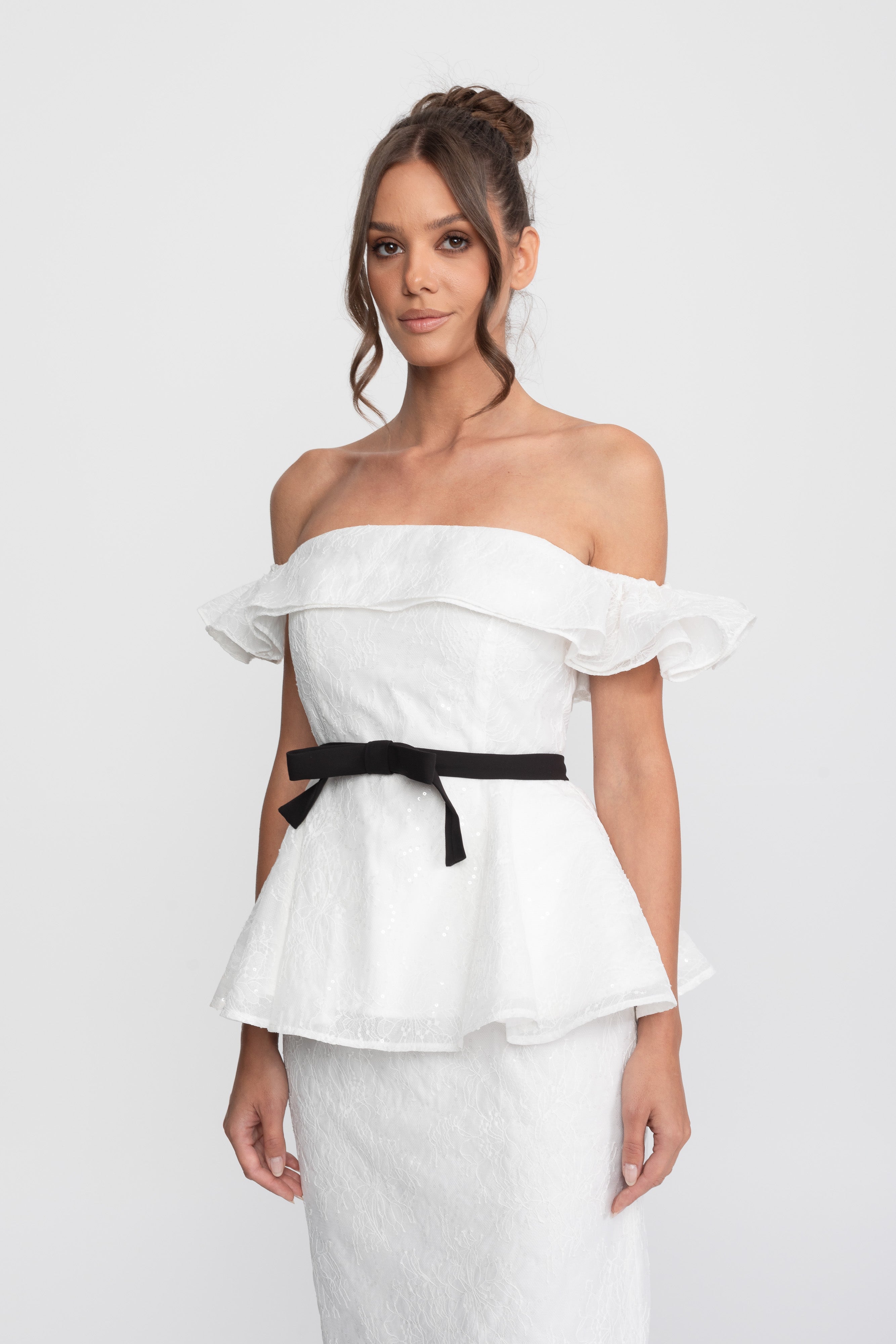 Off-Shoulder Peplum Top And Skirt Set With Black Ribbon Belt - White