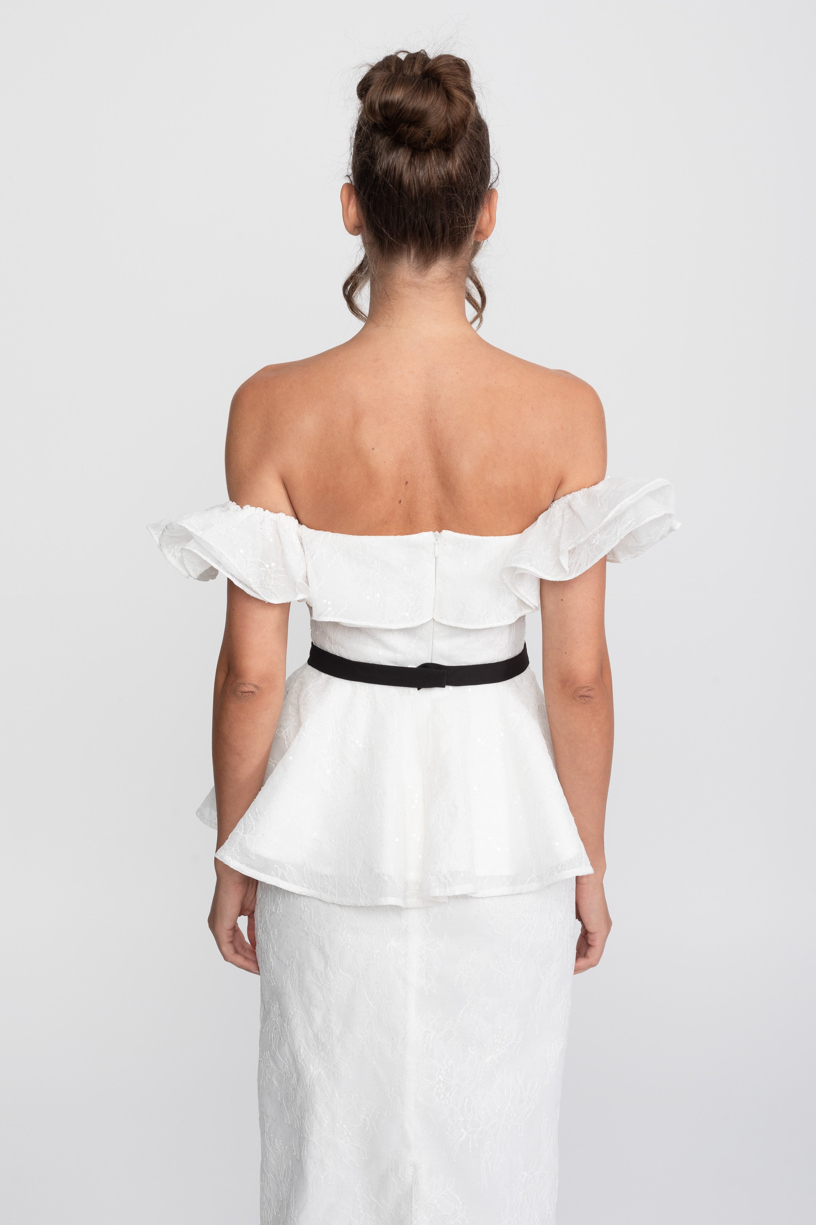Off-Shoulder Peplum Top And Skirt Set With Black Ribbon Belt - White