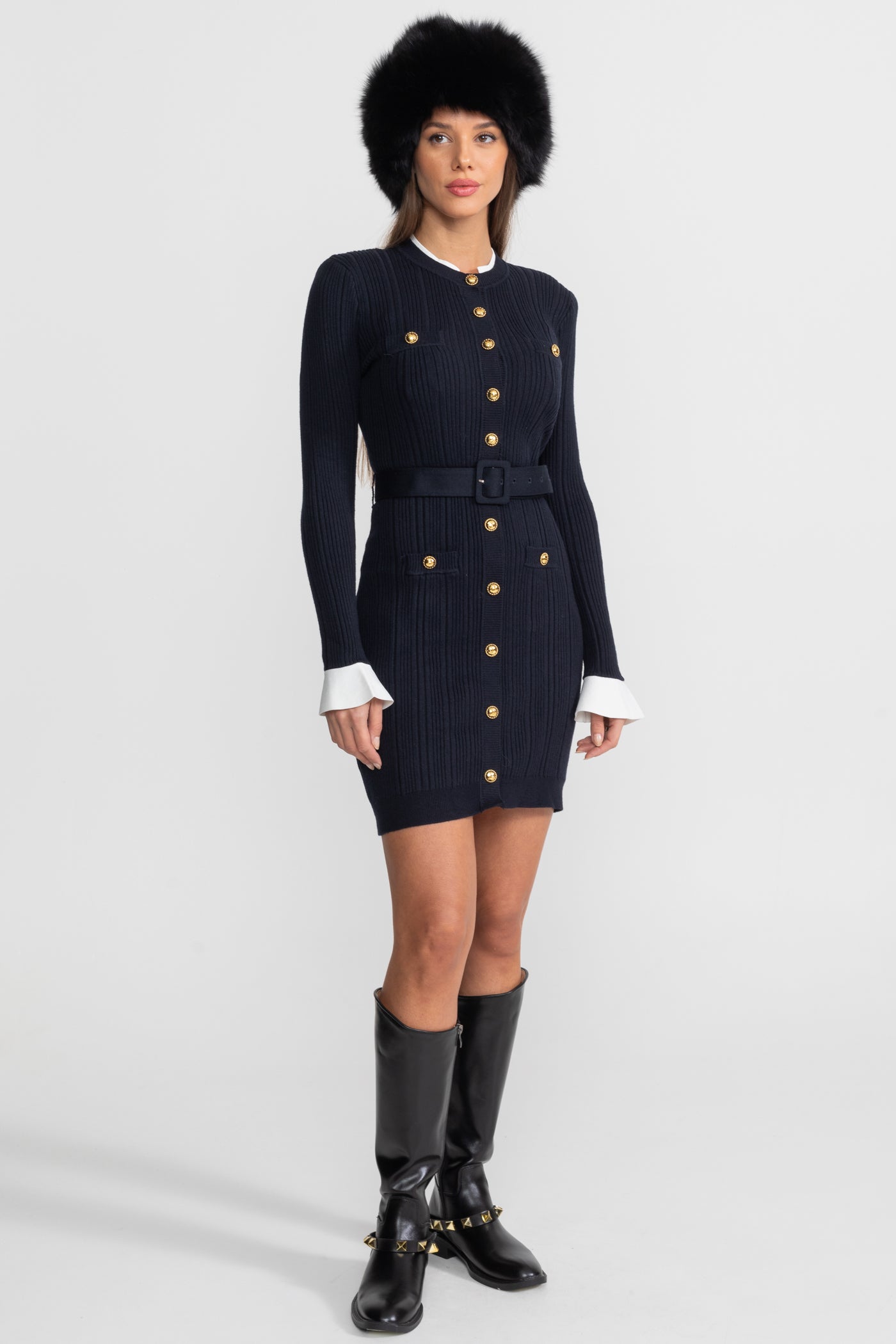 Ribbed Knit Mini Dress with Gold Button Fastening - Dark Blue
