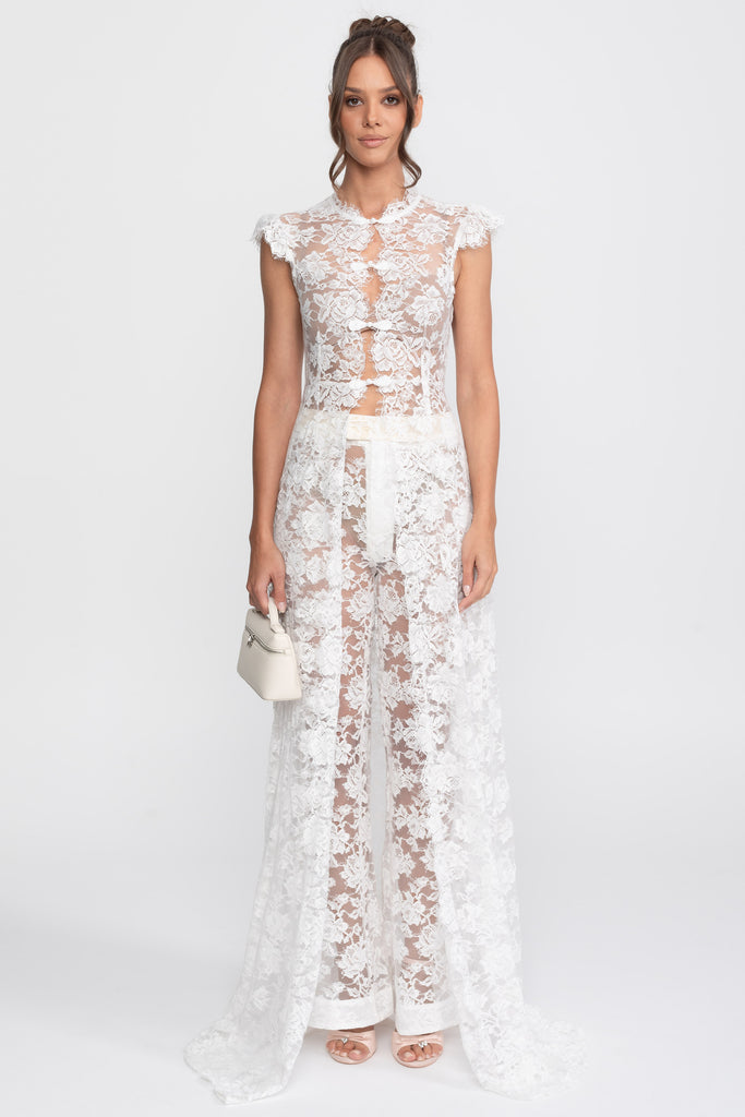 Sheer Lace Top And Palazzo Pants Set With Trailing Panel - White