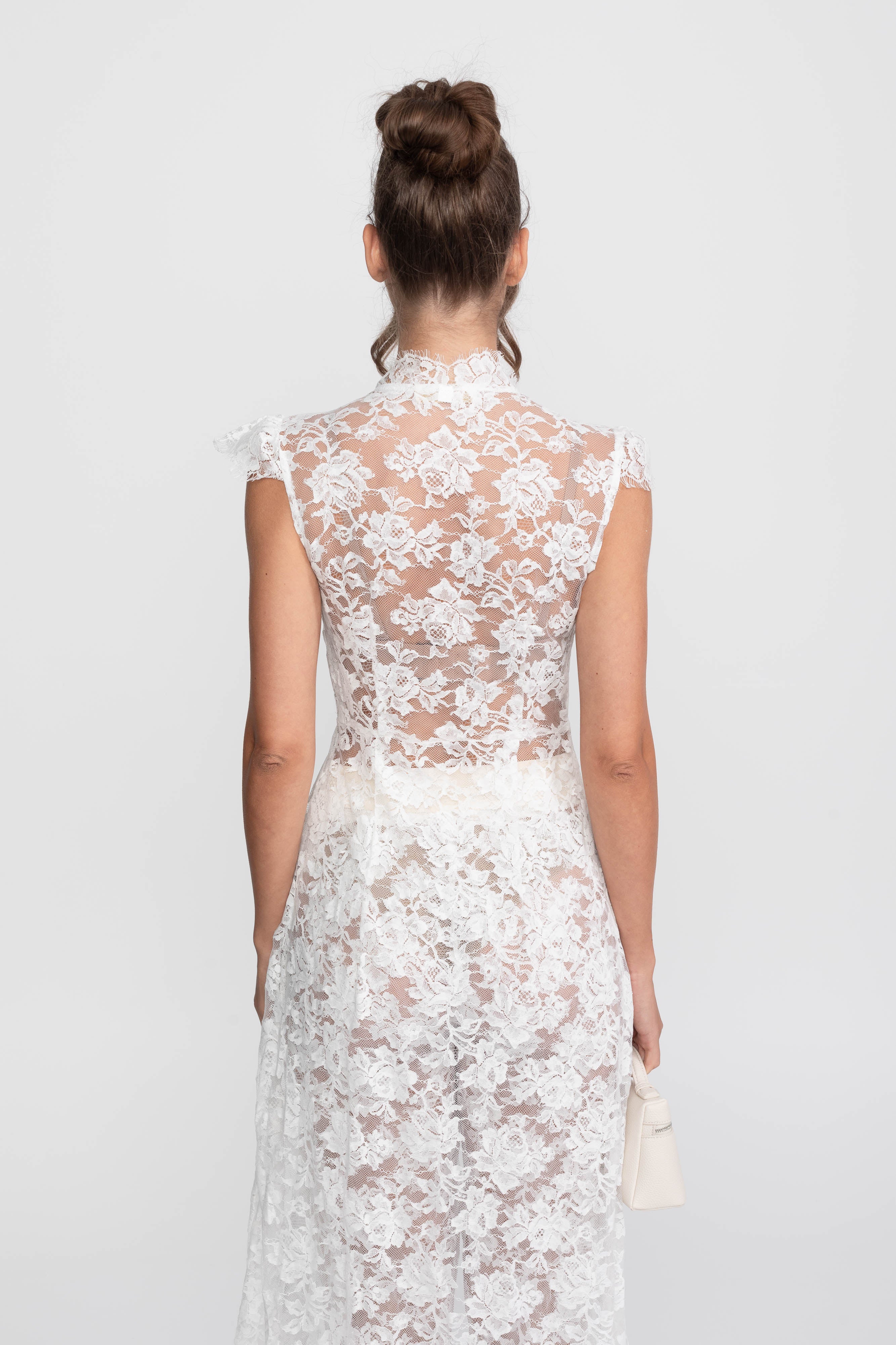 Sheer Lace Top And Palazzo Pants Set With Trailing Panel - White