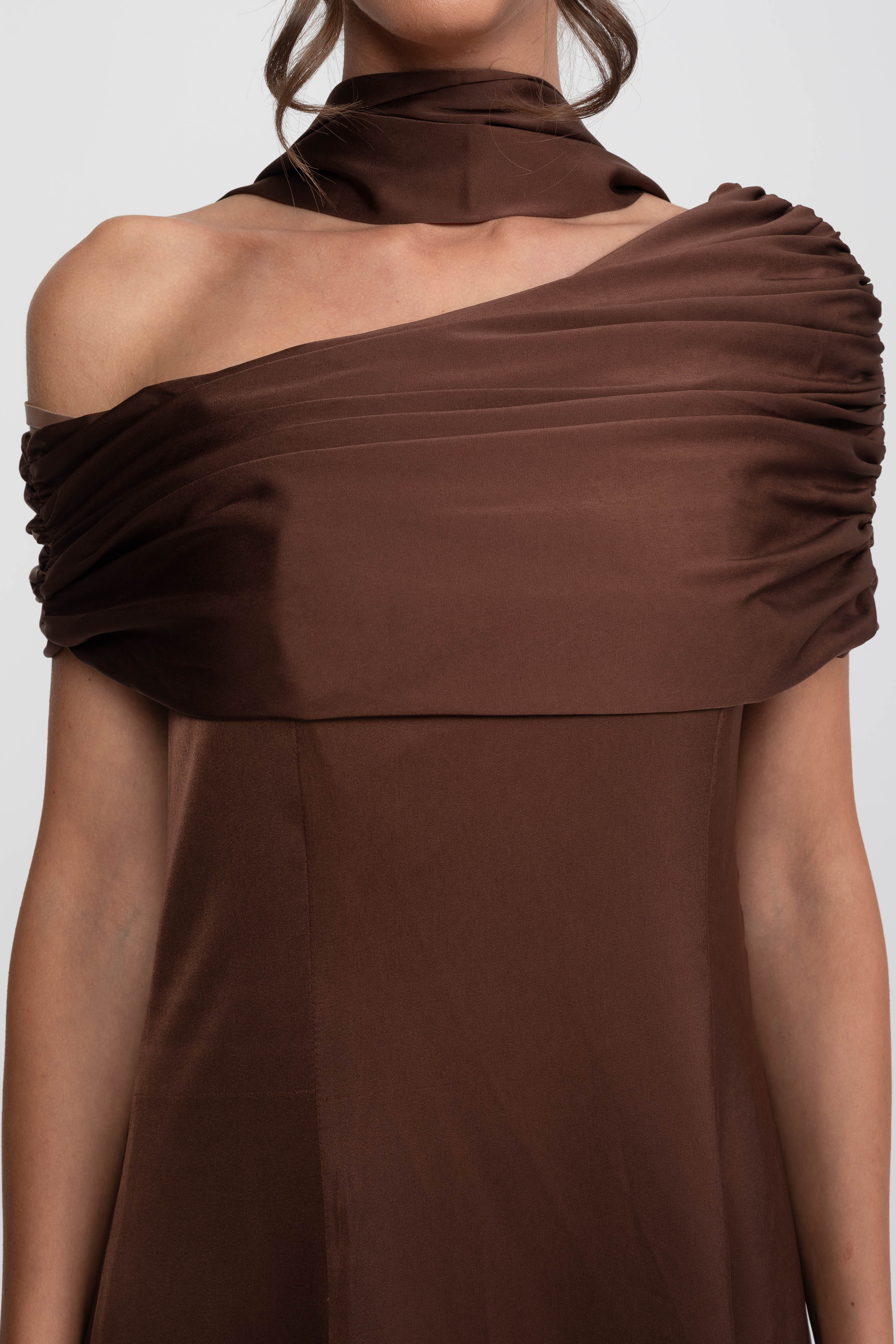 One-Shoulder Draped Satin Gown With Ruched Wrap - Brown