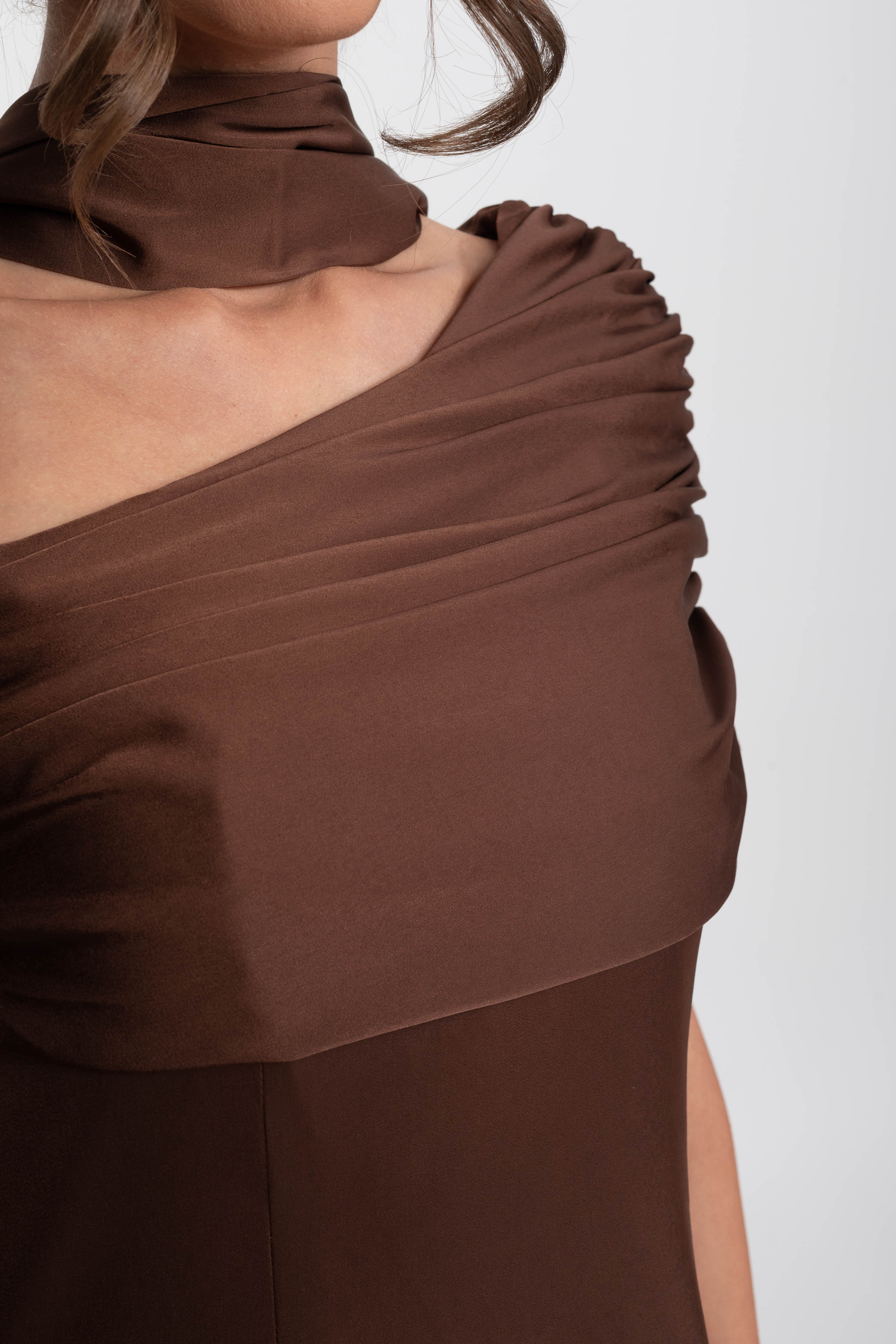 One-Shoulder Draped Satin Gown With Ruched Wrap - Brown