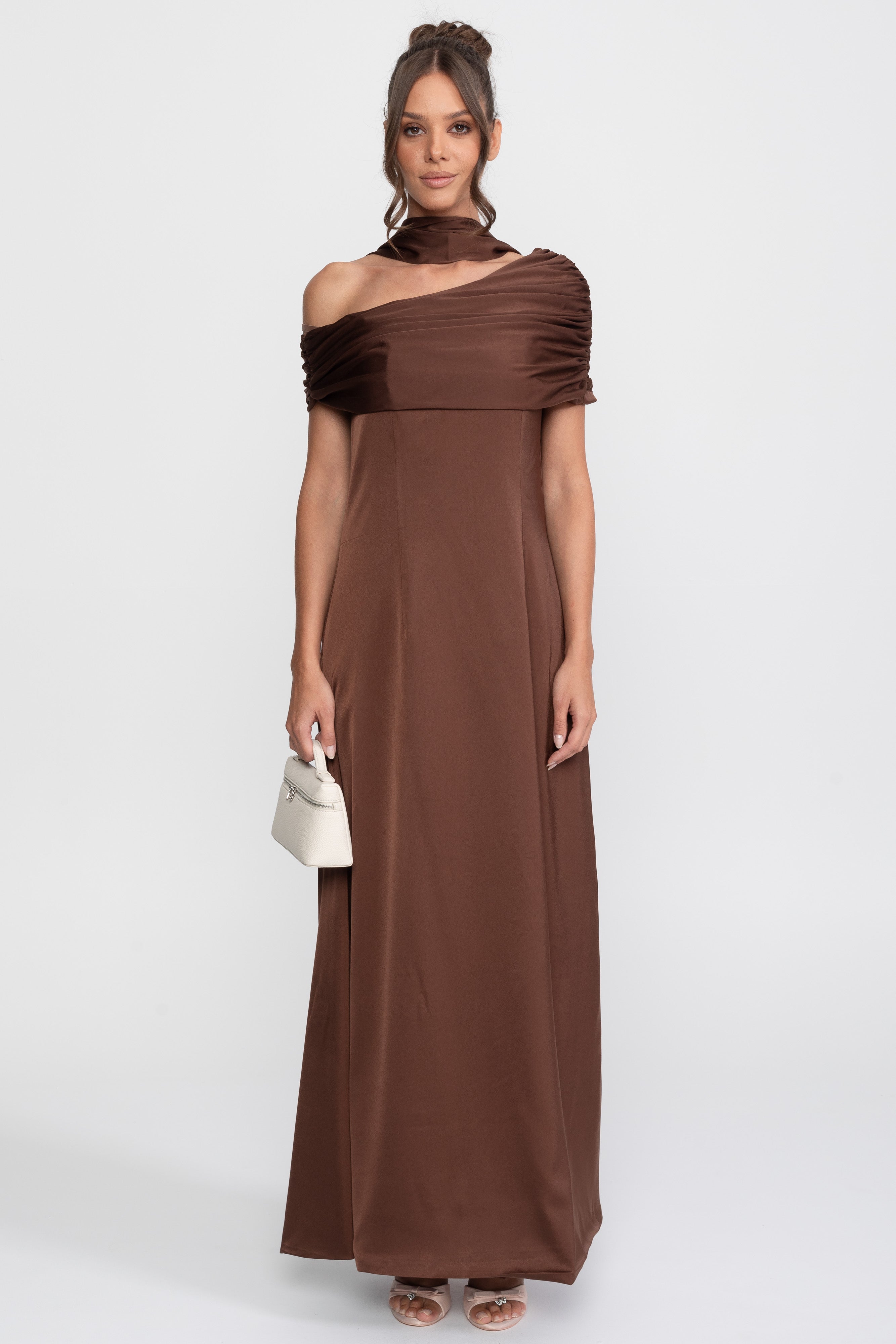 One-Shoulder Draped Satin Gown With Ruched Wrap - Brown
