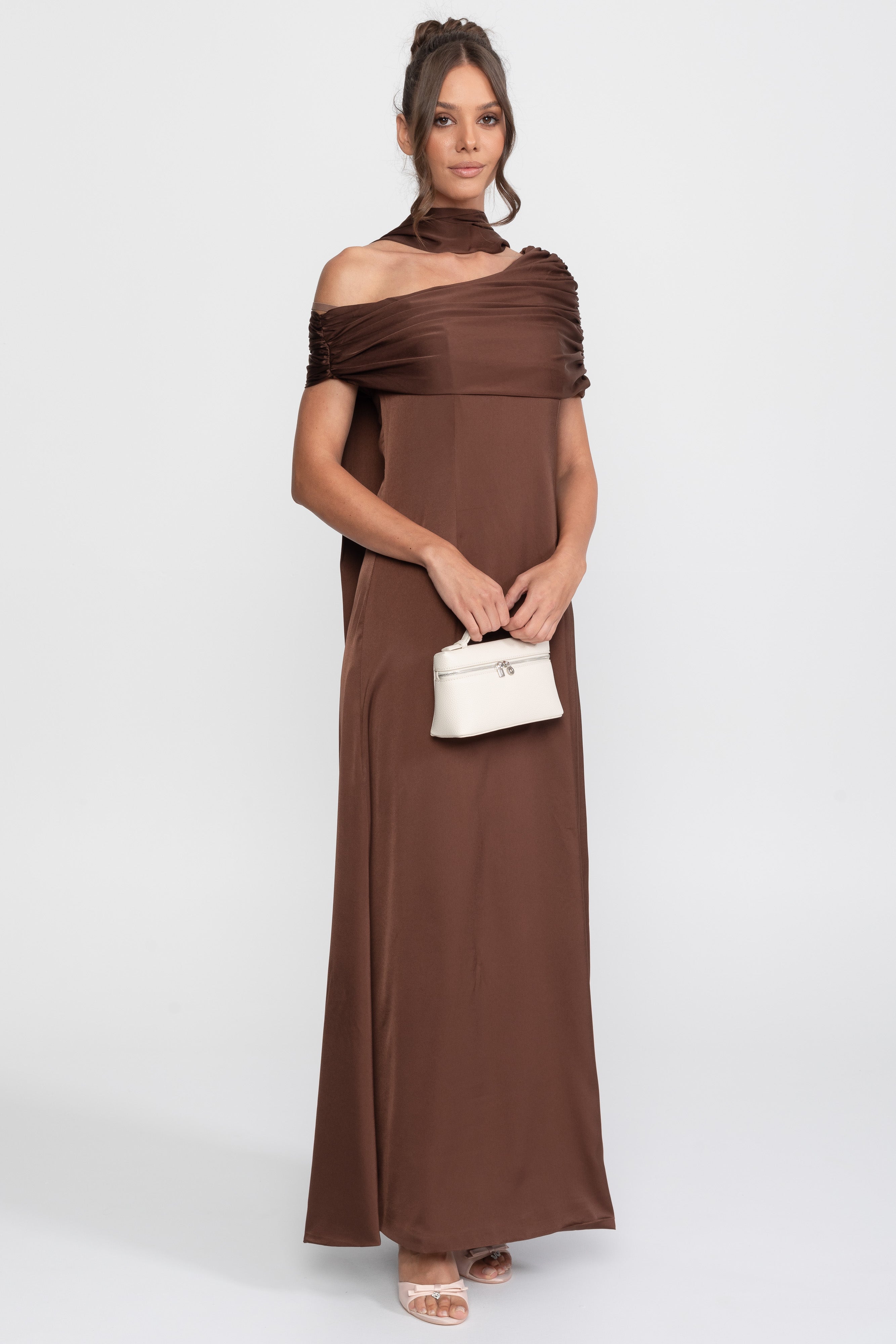 One-Shoulder Draped Satin Gown With Ruched Wrap - Brown