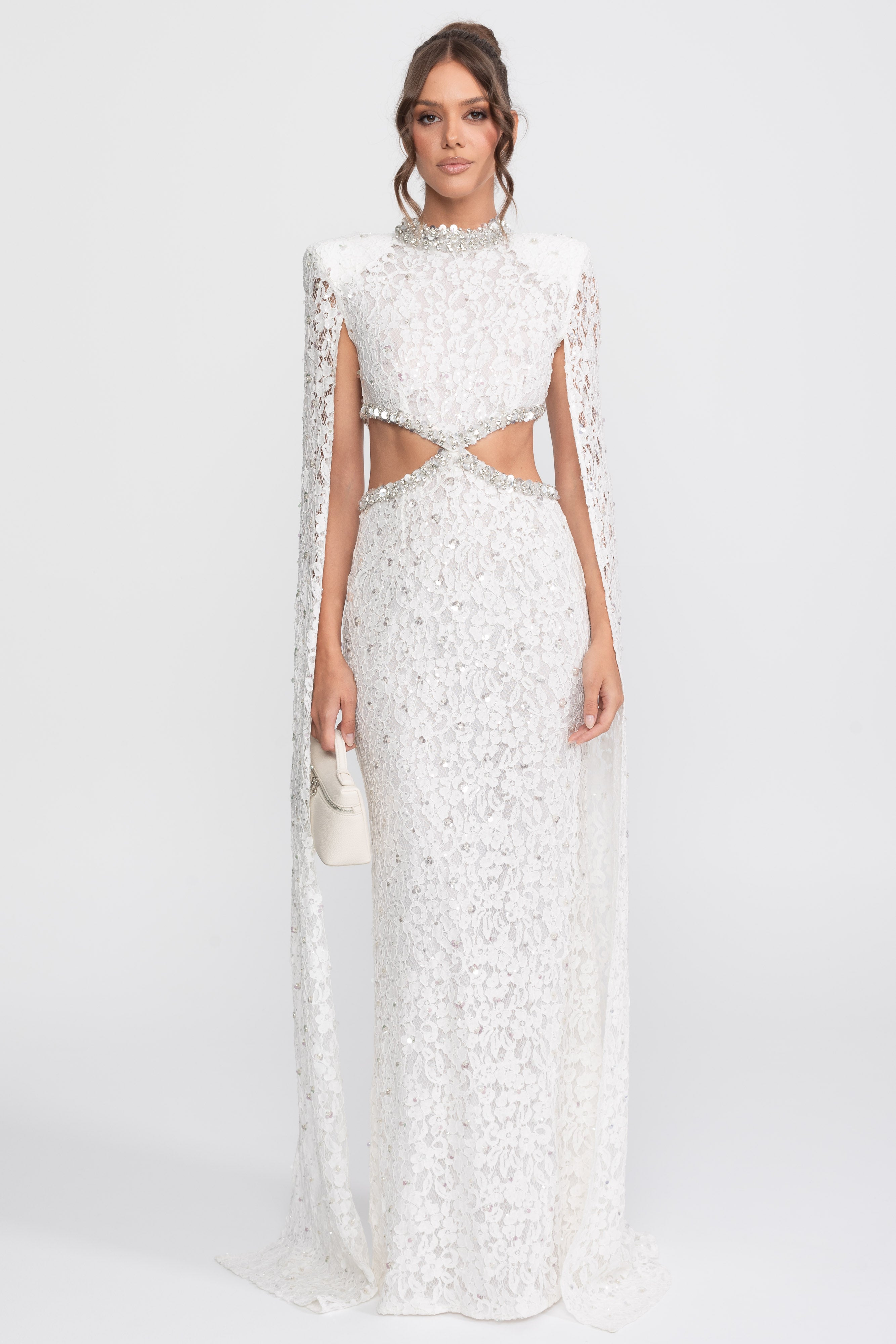 Crystal Cutout Lace Gown With Sequin Embellishments - White